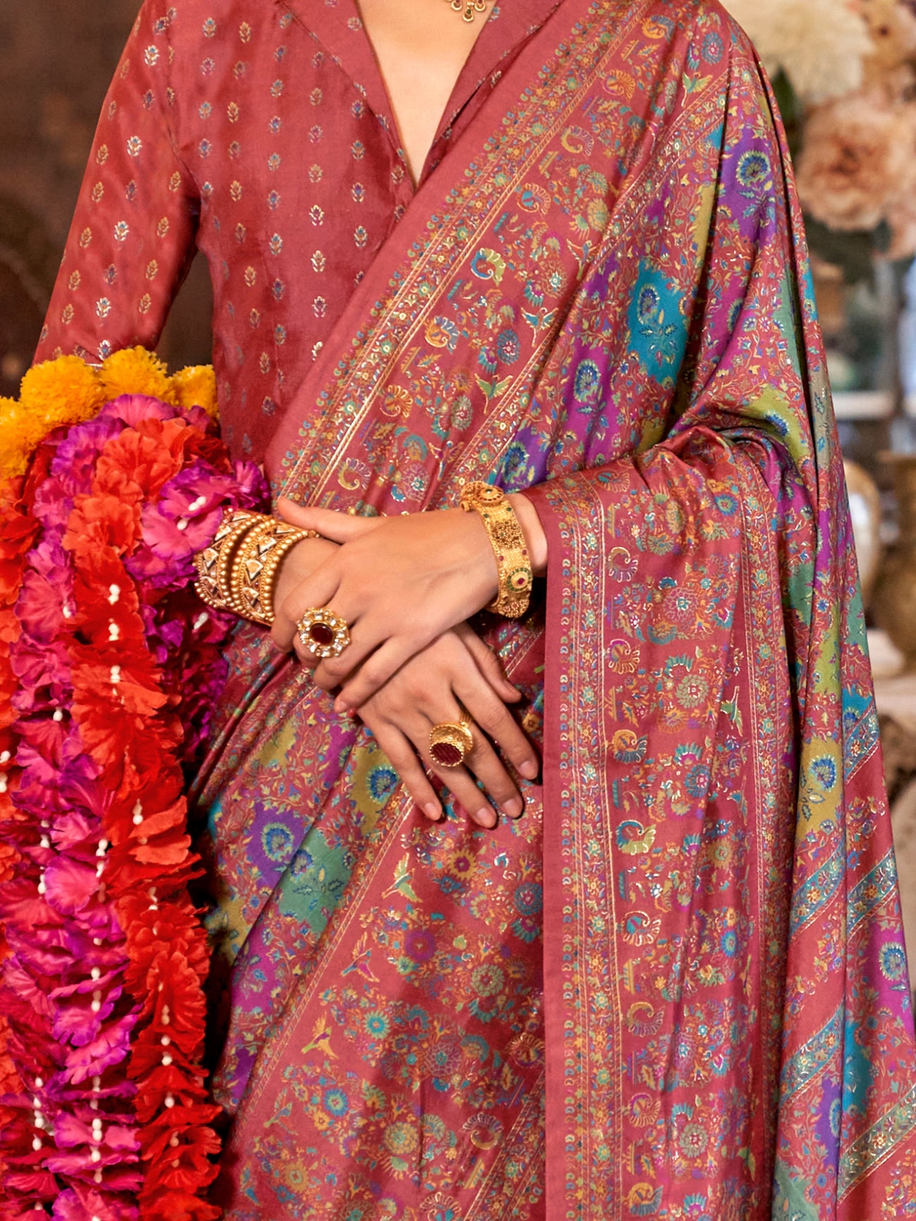 Dazzling Maroon Foil Printed Silk Event Wear Saree With Blouse