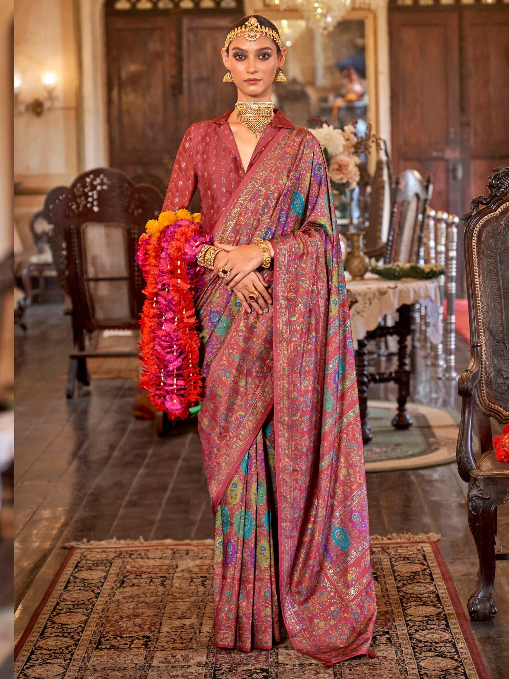 Dazzling Maroon Foil Printed Silk Event Wear Saree With Blouse