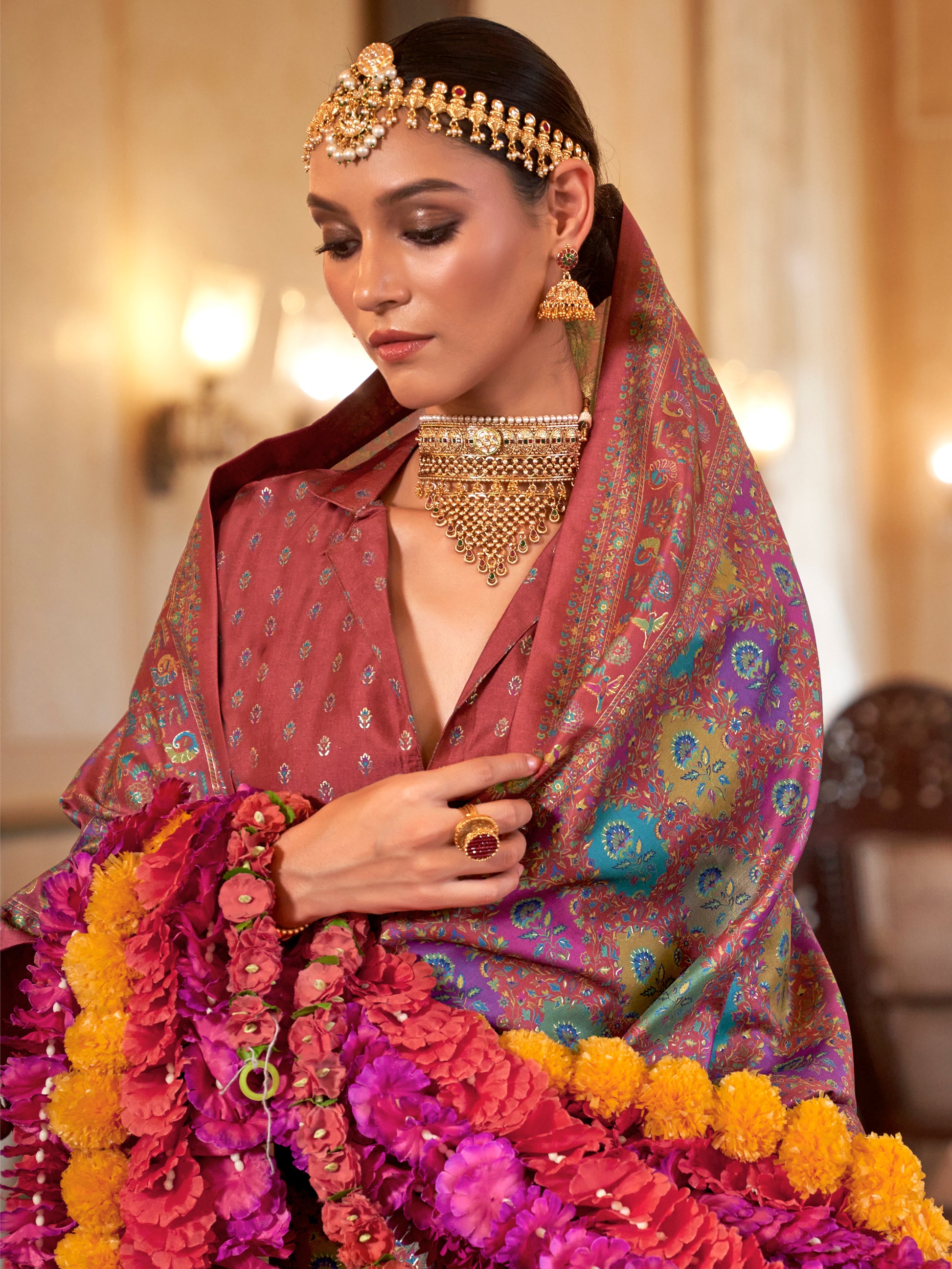 Dazzling Maroon Foil Printed Silk Event Wear Saree With Blouse