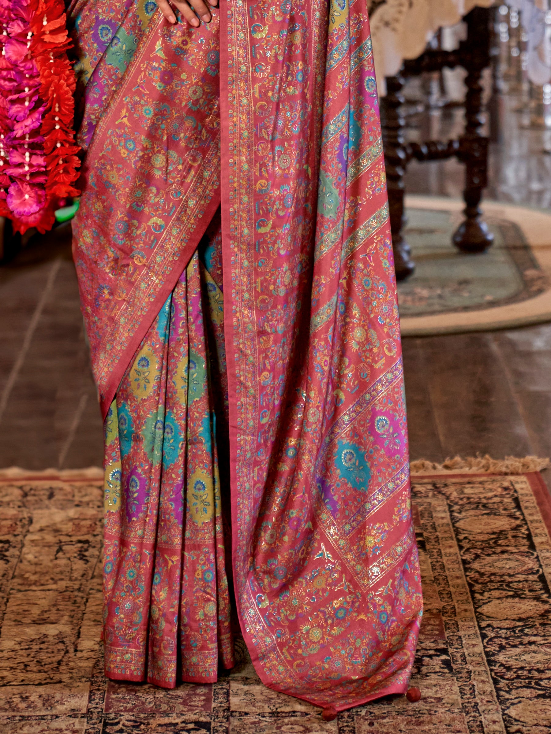 Dazzling Maroon Foil Printed Silk Event Wear Saree With Blouse