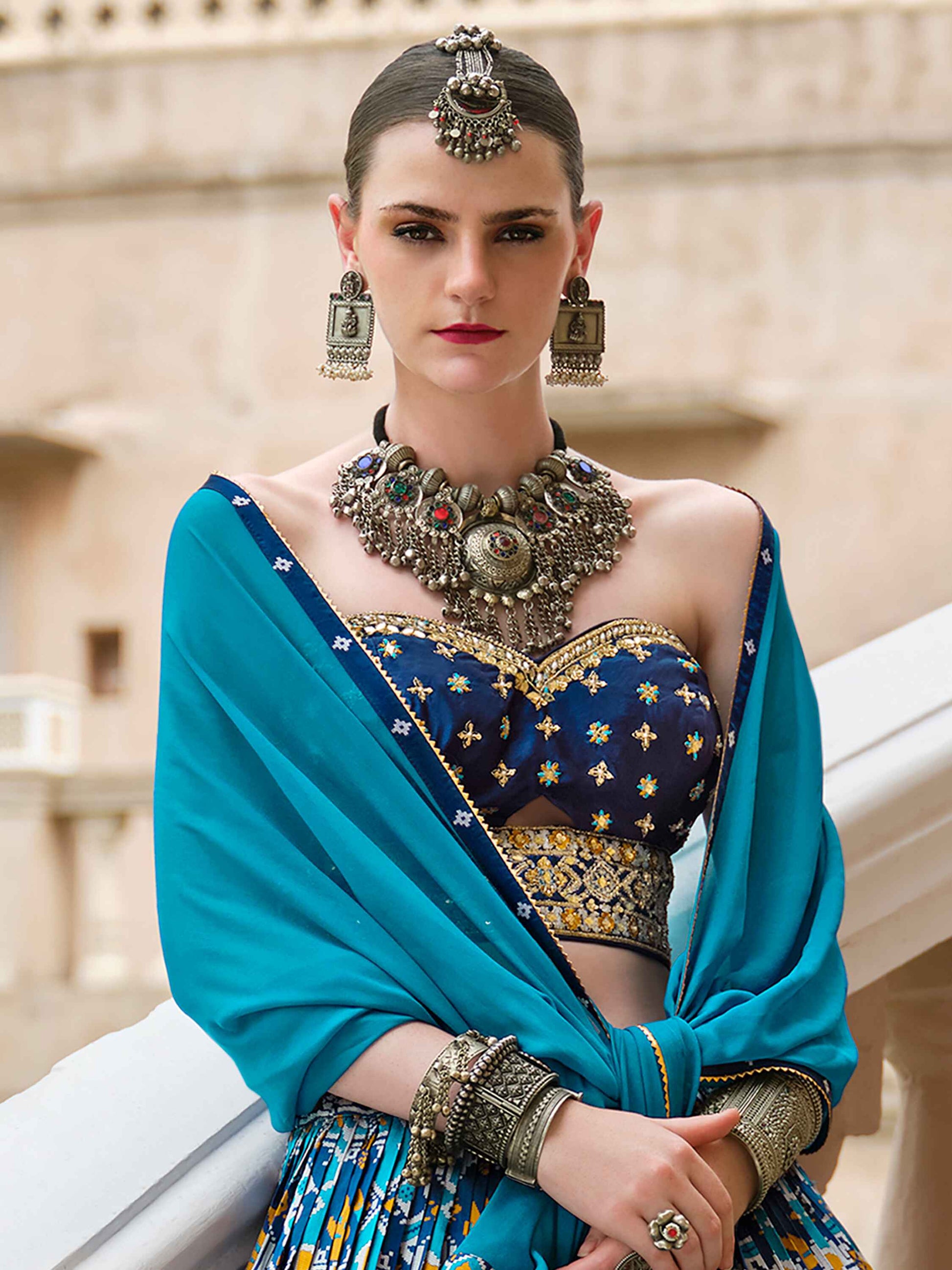 Glamorous Blue Bandhani Print Silk Wedding Wear Lehenga Choli