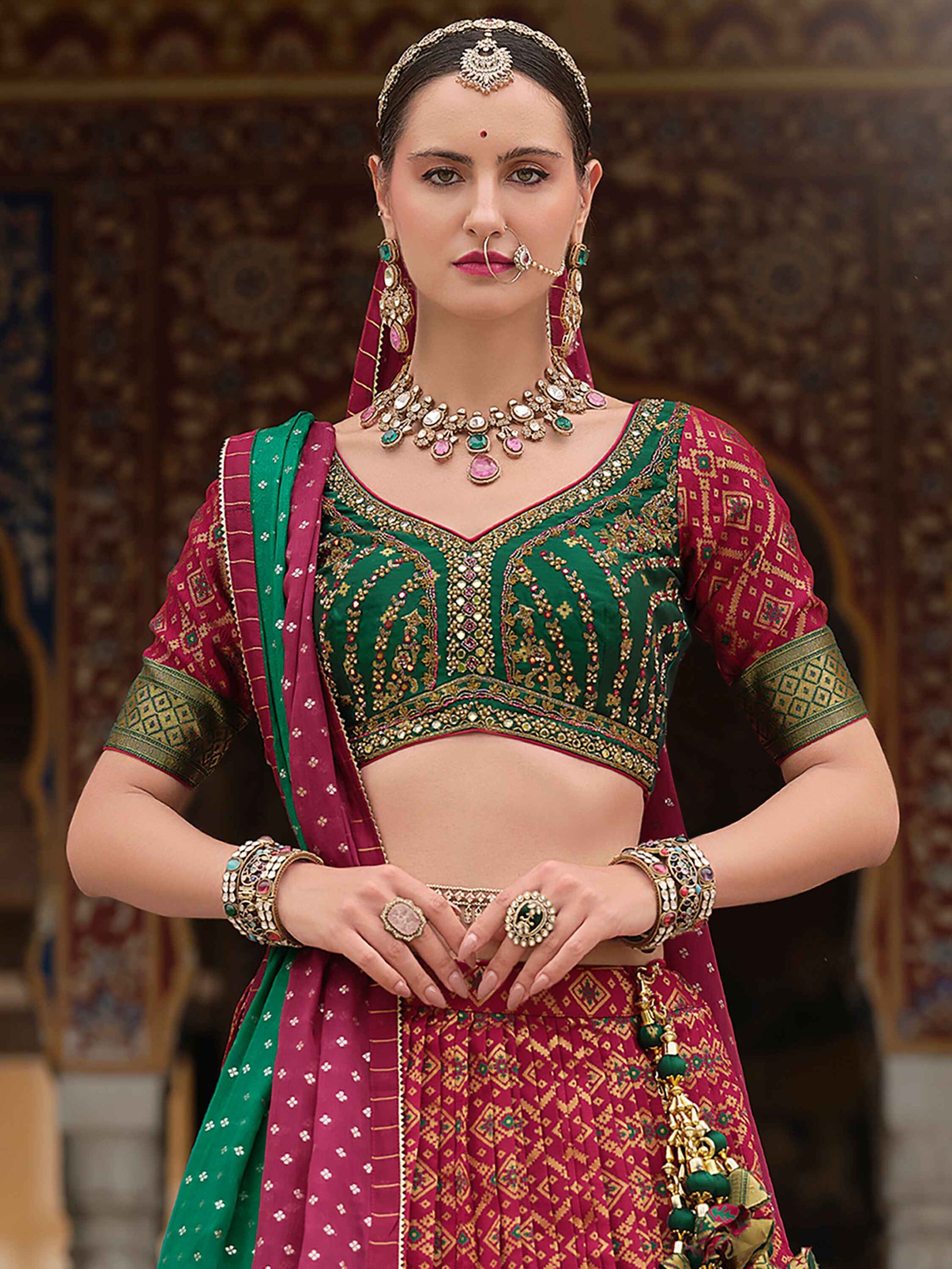 Attractive Red Bandhani Print Silk Wedding Wear Lehenga Choli
