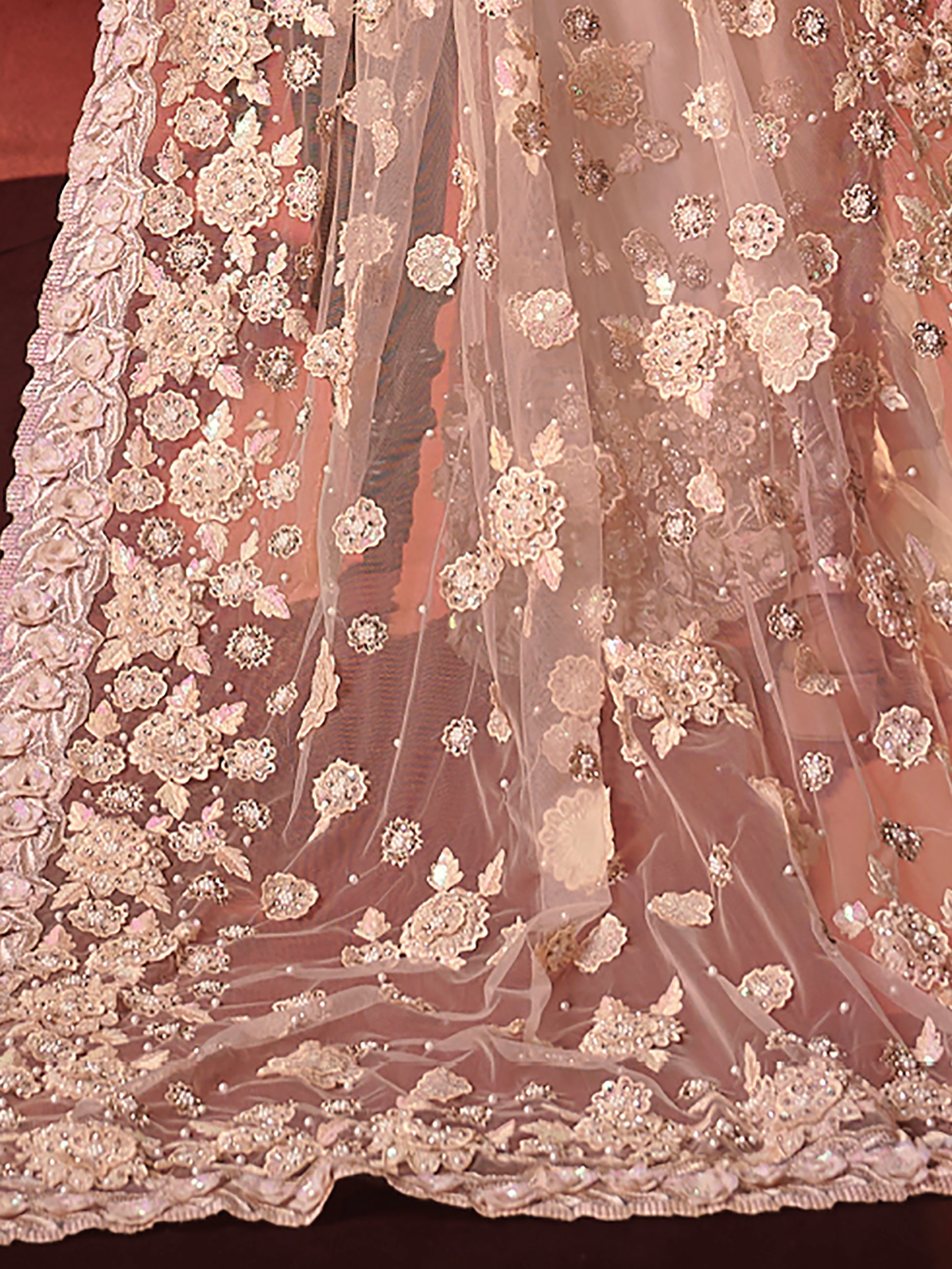 Gorgeous Peach Sequins Net Wedding Wear Saree With Blouse