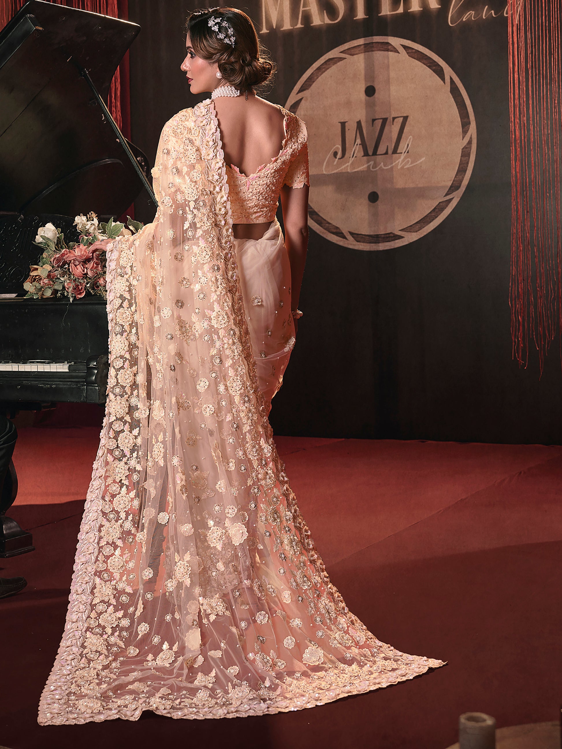 Gorgeous Peach Sequins Net Wedding Wear Saree With Blouse