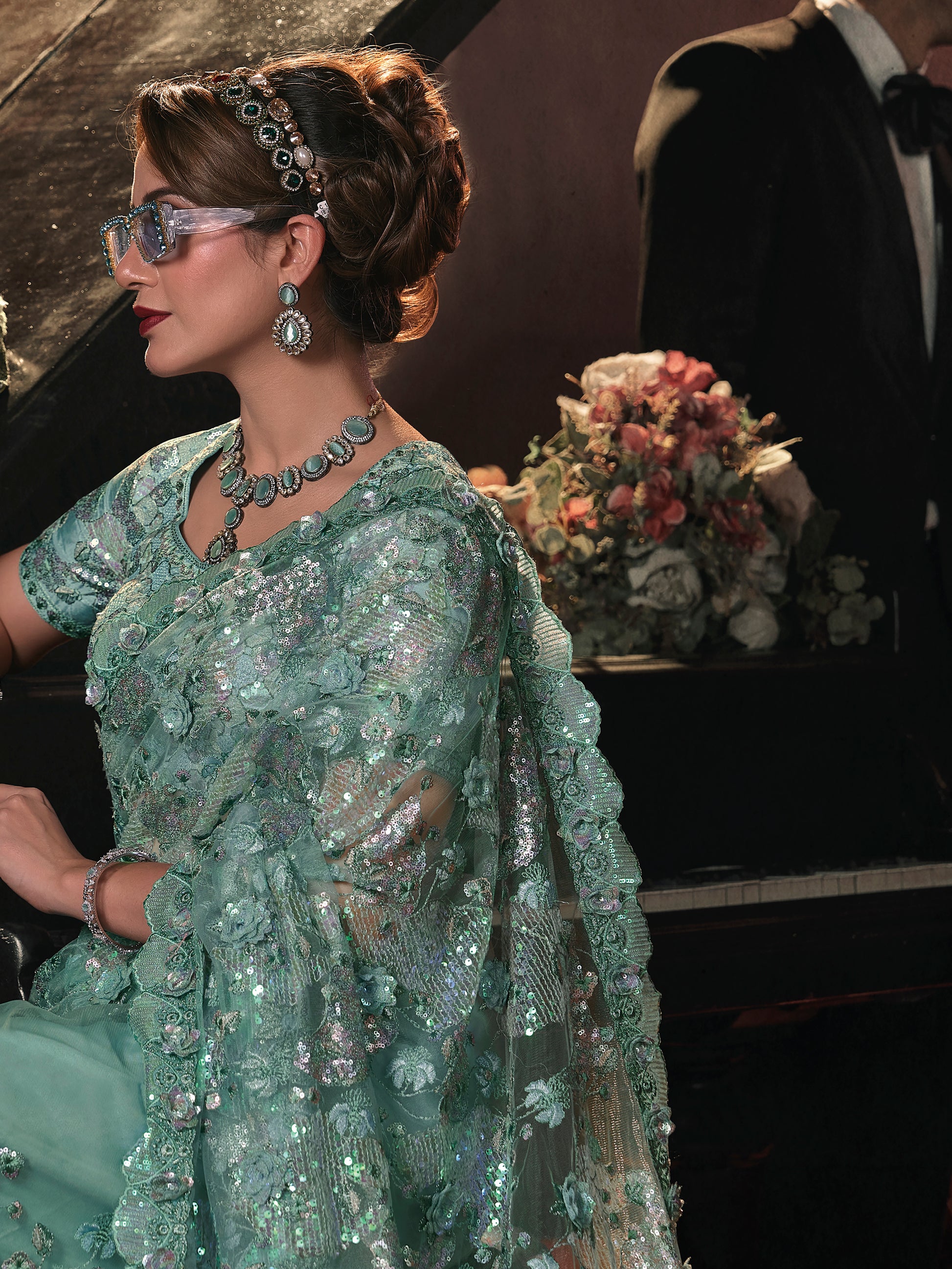 Marvelous Sea Green Sequins Net Designer Saree With Blouse