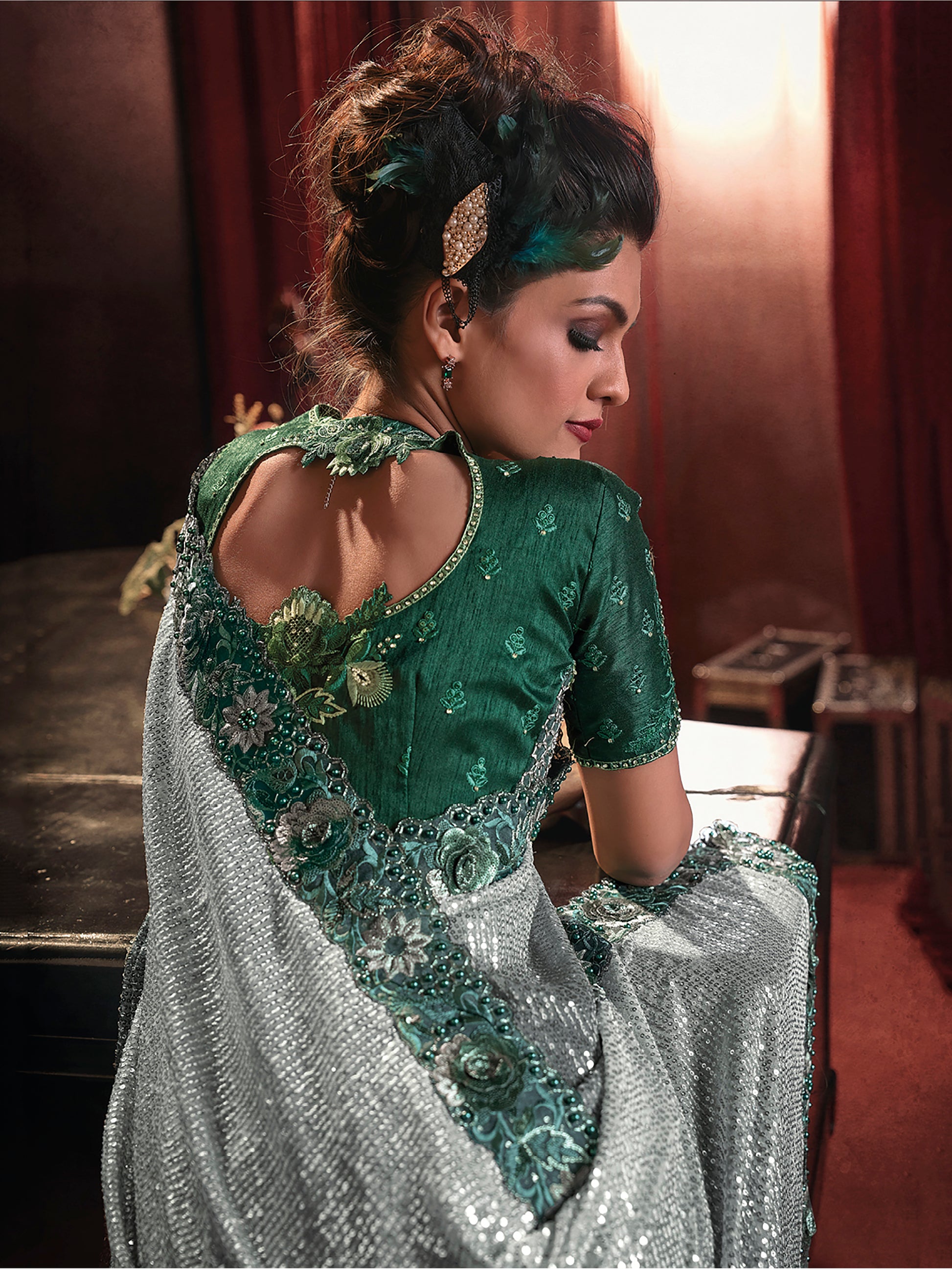 Amazing Green Sequins Net Party Wear Saree With Blouse