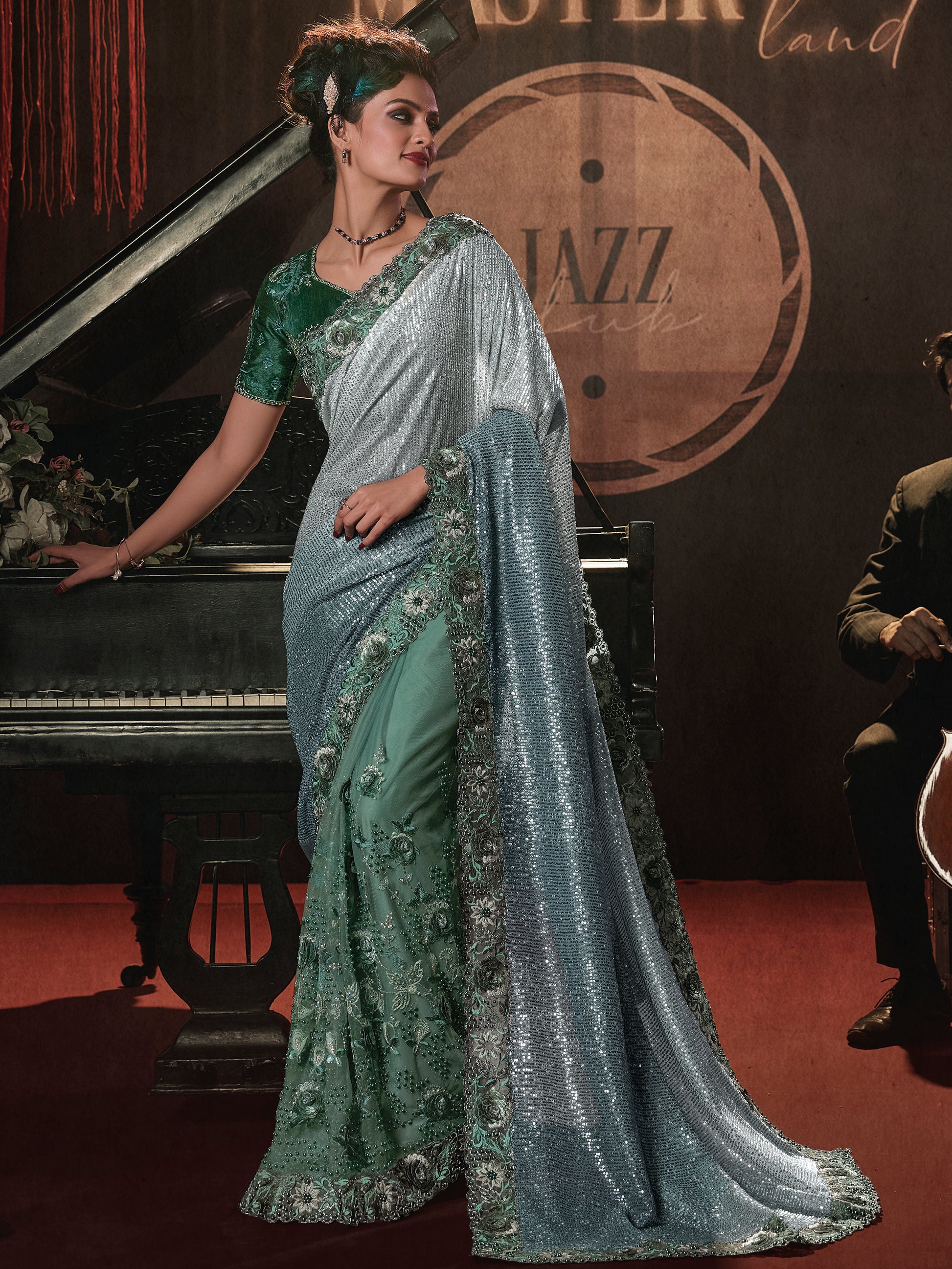Amazing Green Sequins Net Party Wear Saree With Blouse