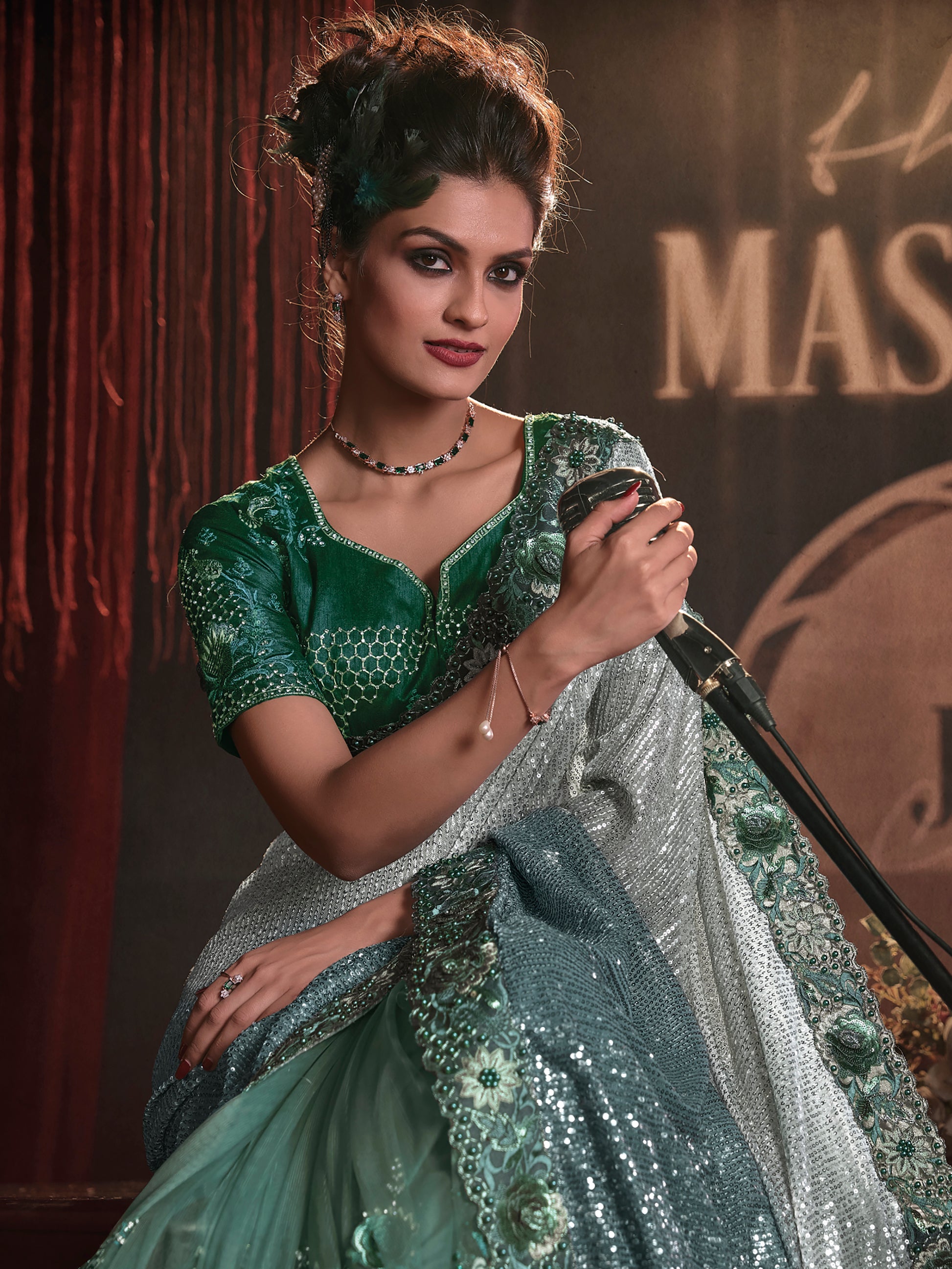 Amazing Green Sequins Net Party Wear Saree With Blouse