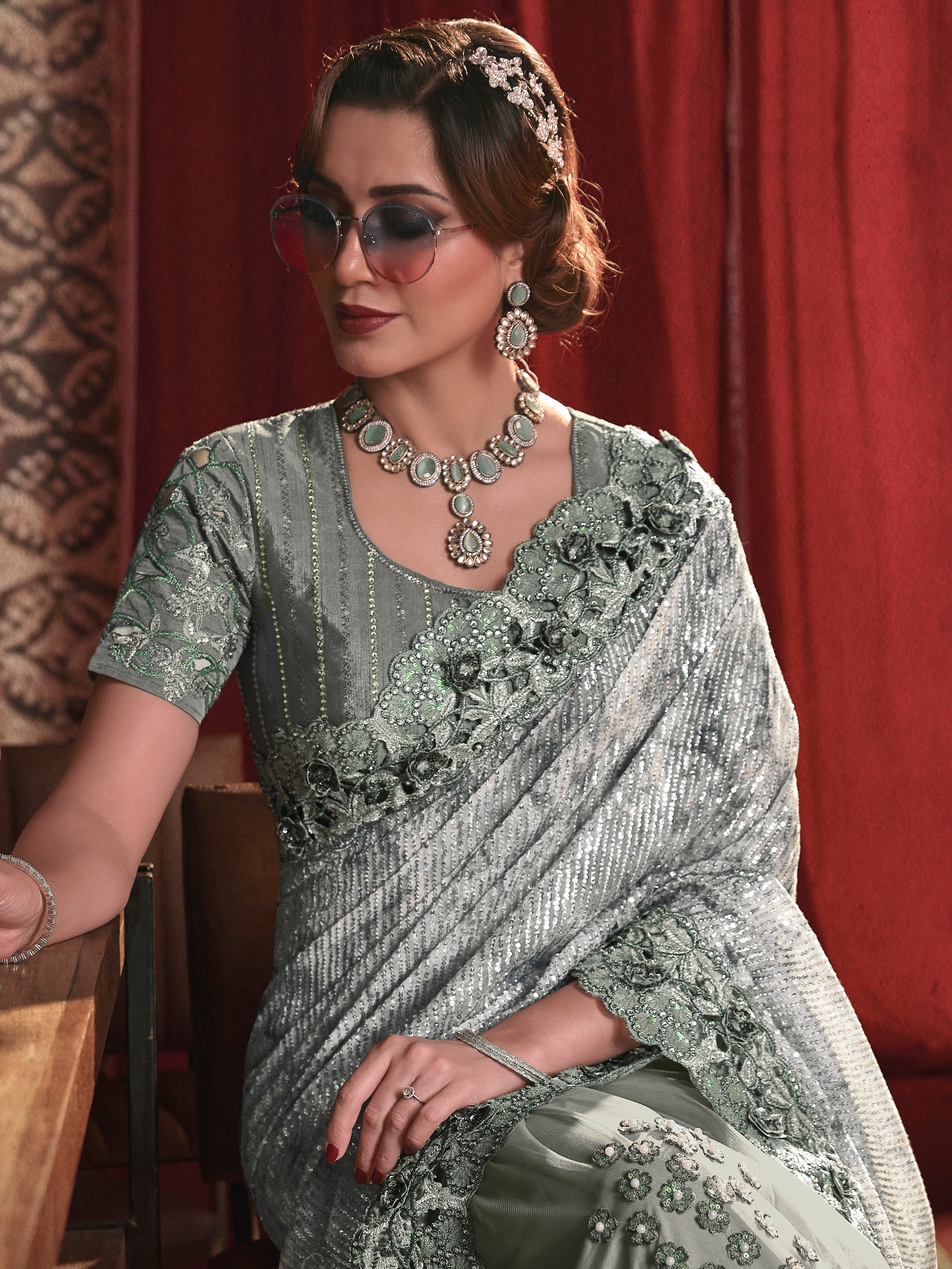 Special Pista Green Sequins Net Designer Saree With Blouse
