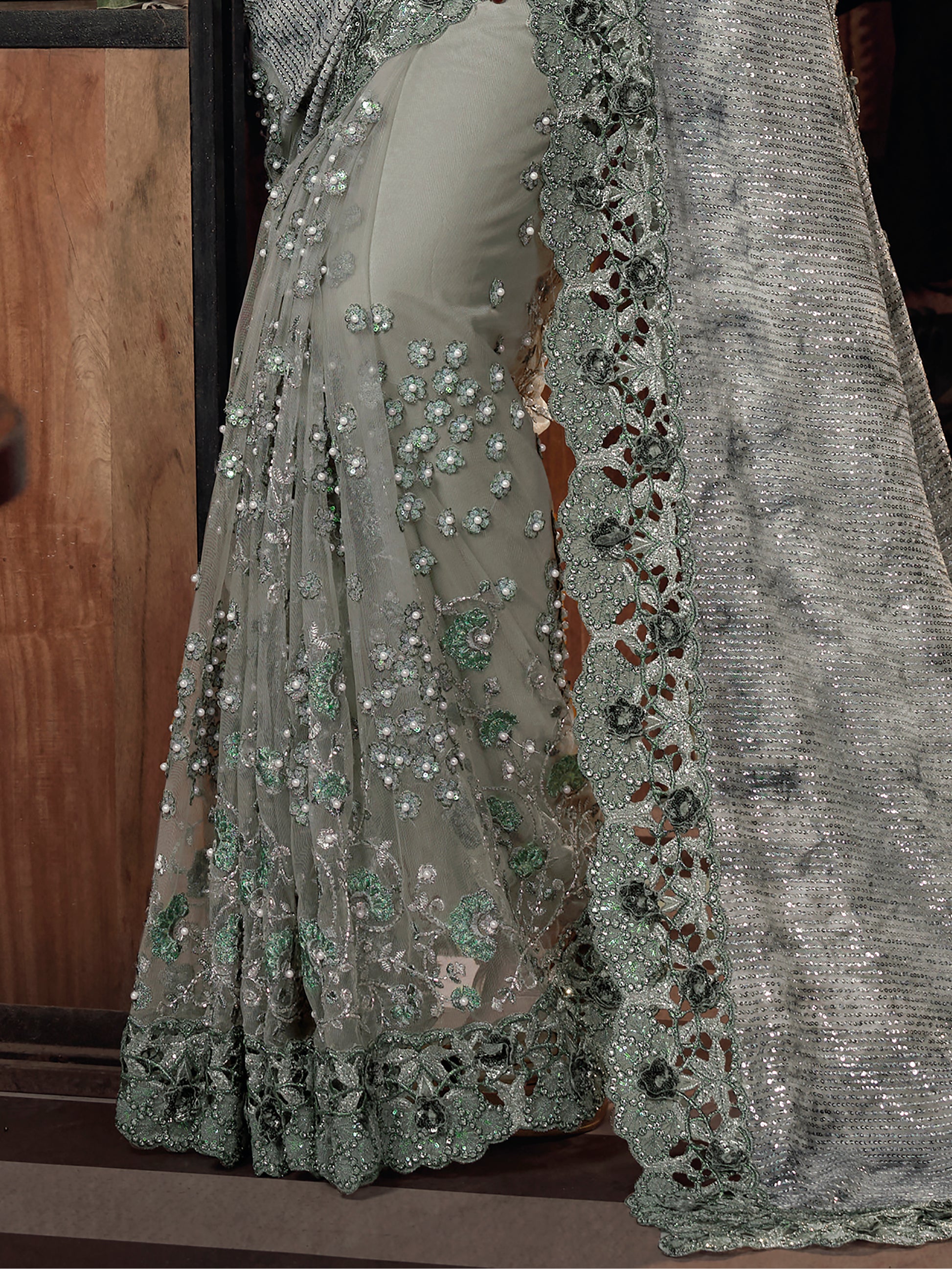 Special Pista Green Sequins Net Designer Saree With Blouse