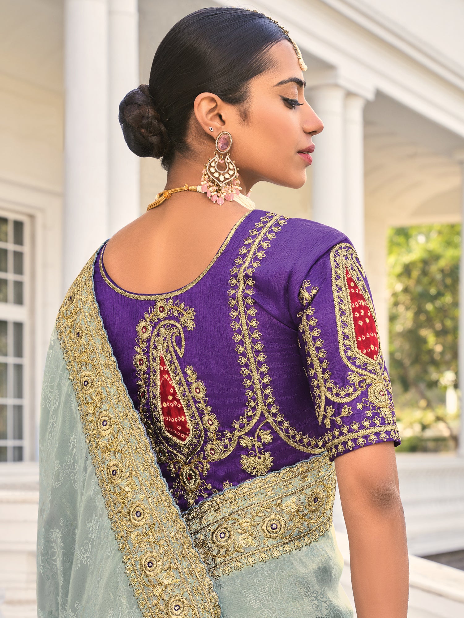 Marvelous Grey & Blue Jarkan Work Jacquard Silk Wedding Saree With Blouse