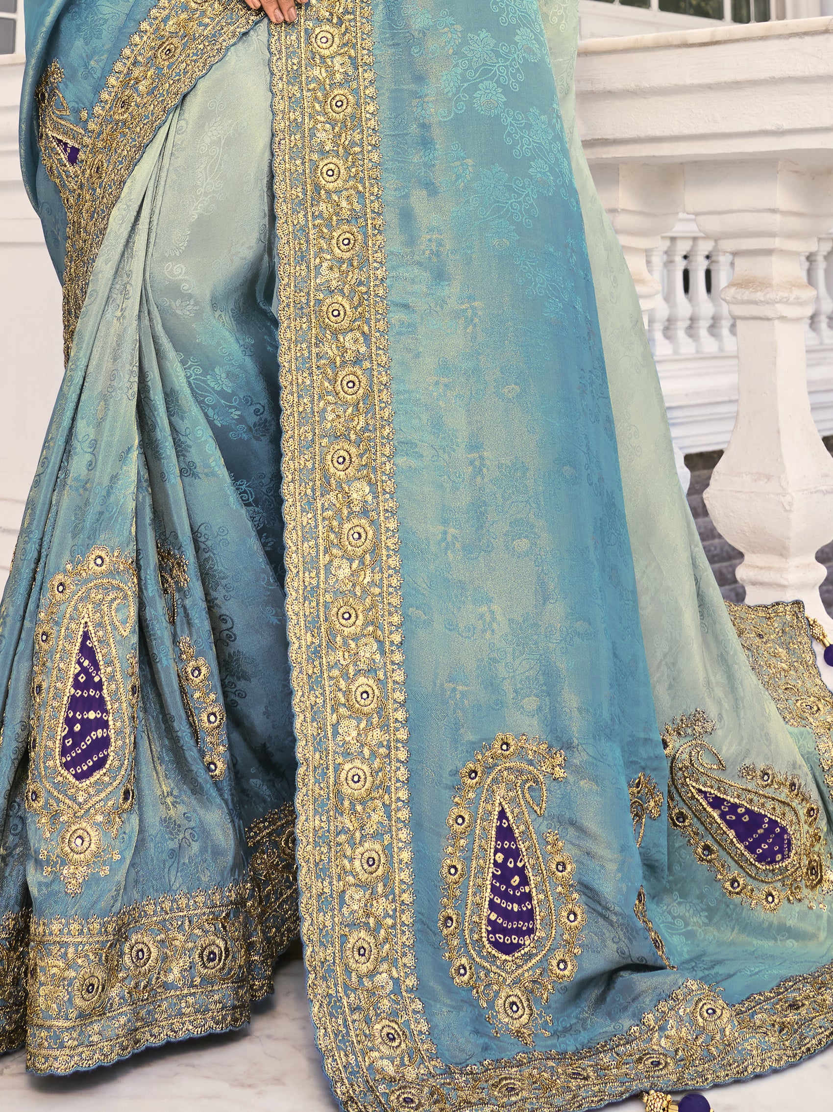 Marvelous Grey & Blue Jarkan Work Jacquard Silk Wedding Saree With Blouse