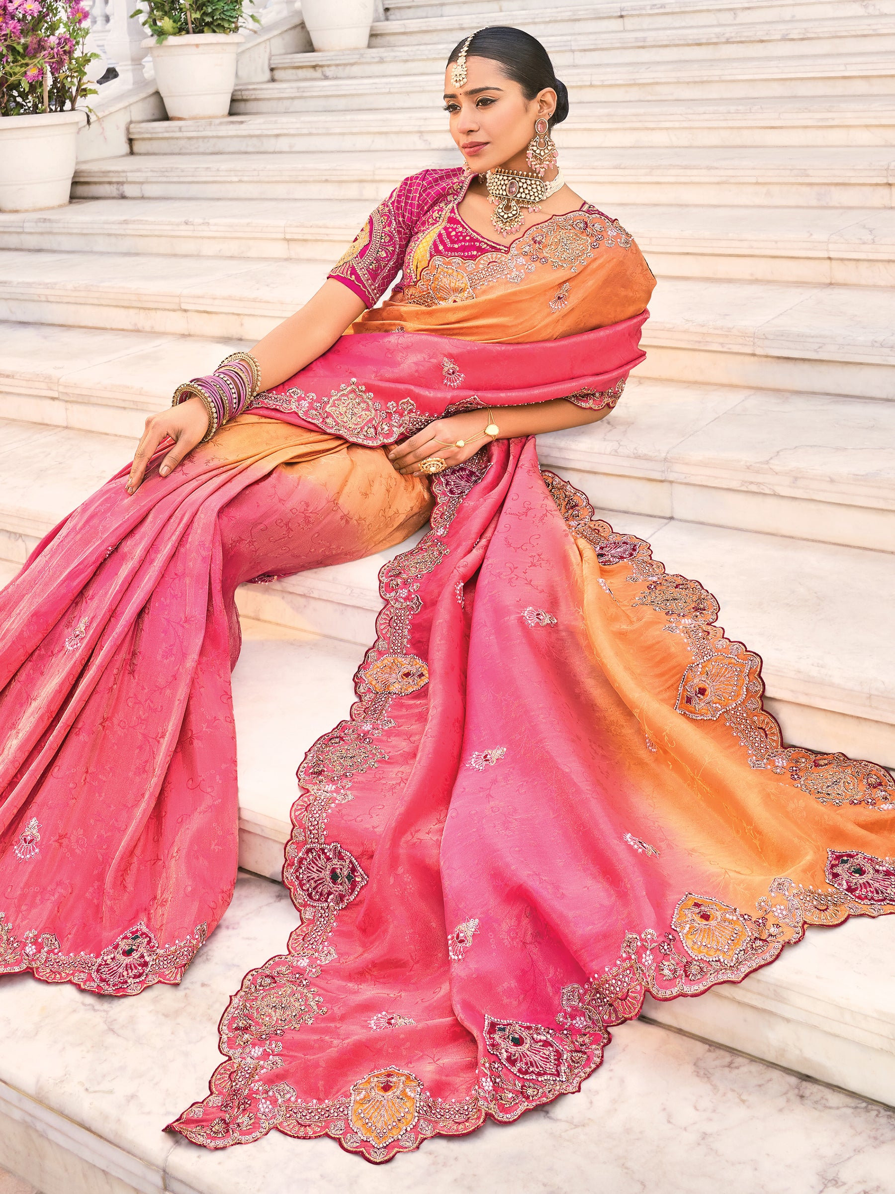 Marvelous Peach & Red Jarkan Work Jacquard Silk Bridal Wear Saree