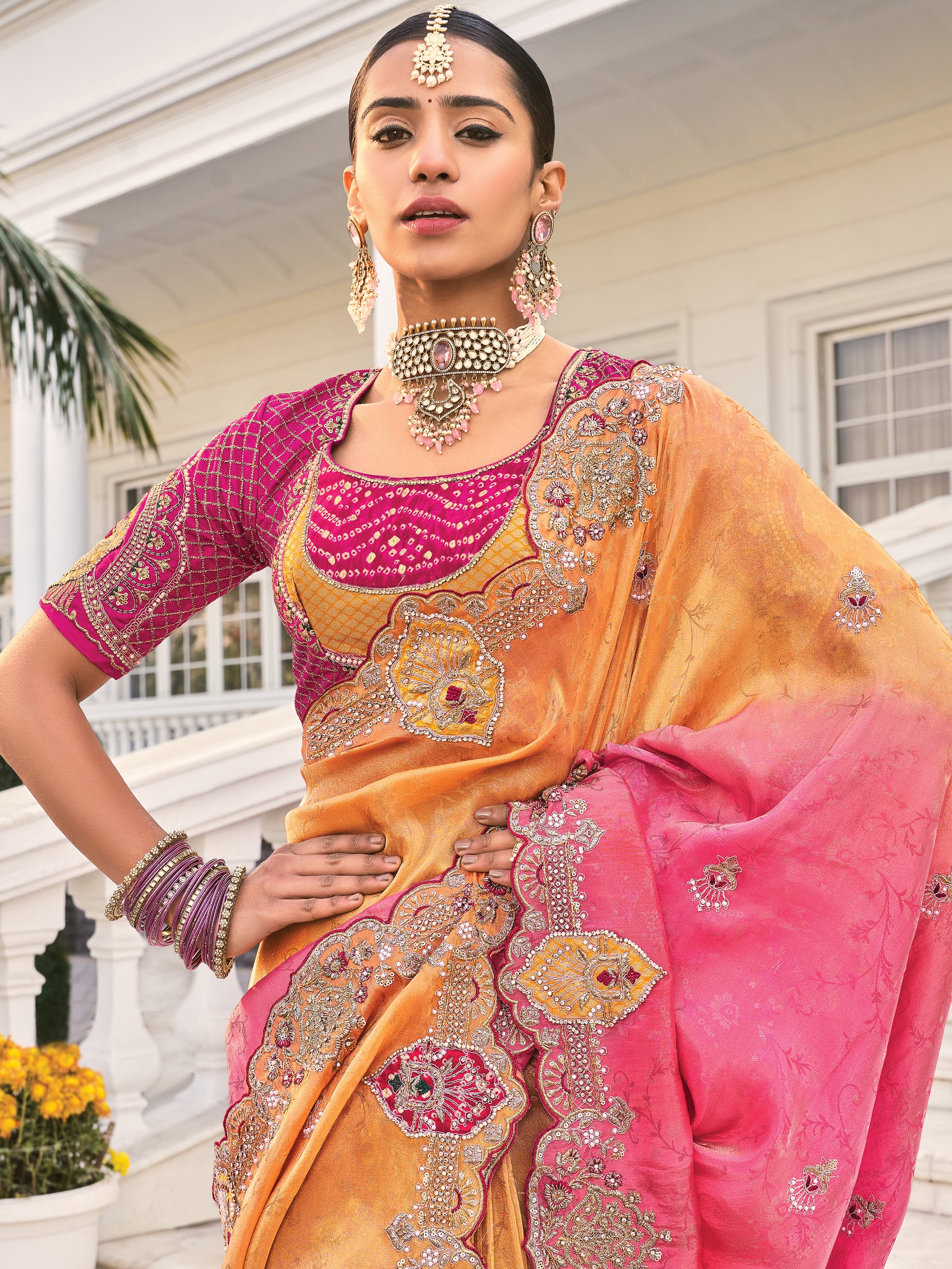 Marvelous Peach & Red Jarkan Work Jacquard Silk Bridal Wear Saree