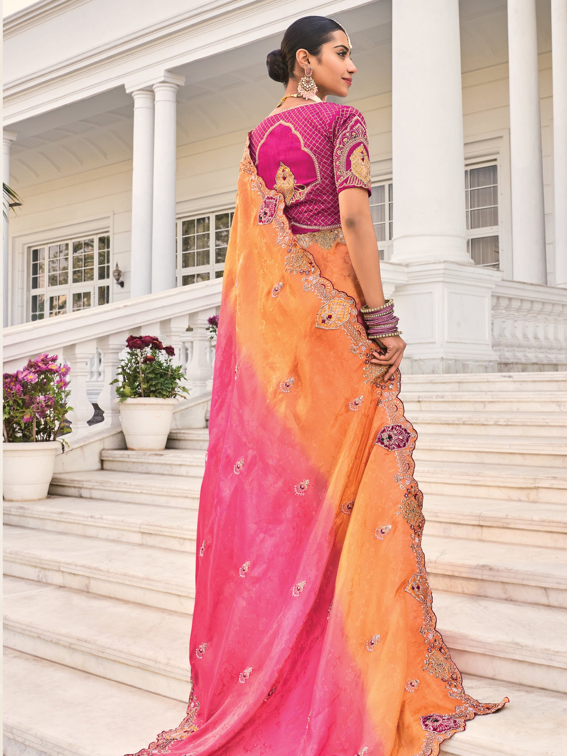 Marvelous Peach & Red Jarkan Work Jacquard Silk Bridal Wear Saree