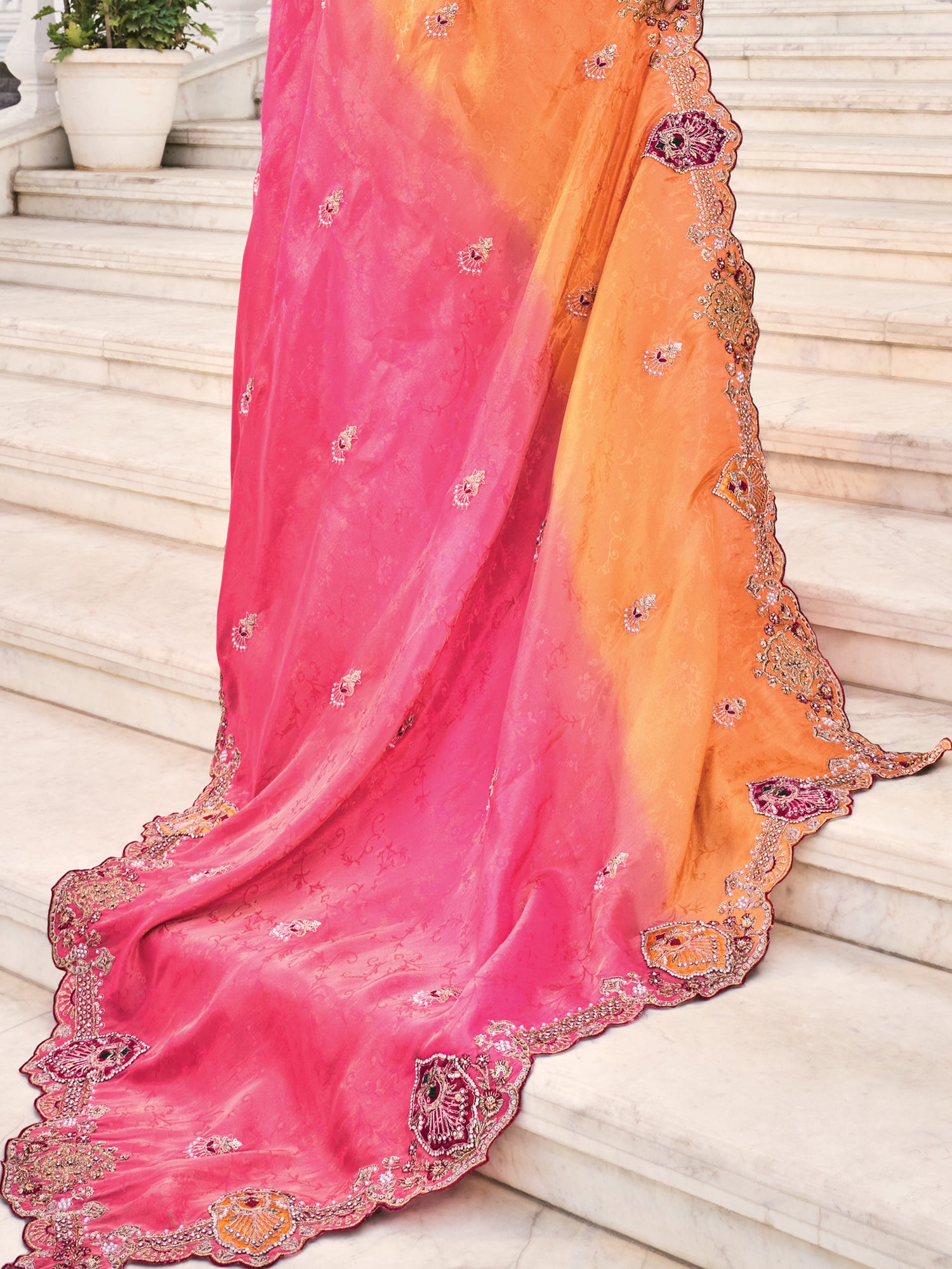 Marvelous Peach & Red Jarkan Work Jacquard Silk Bridal Wear Saree