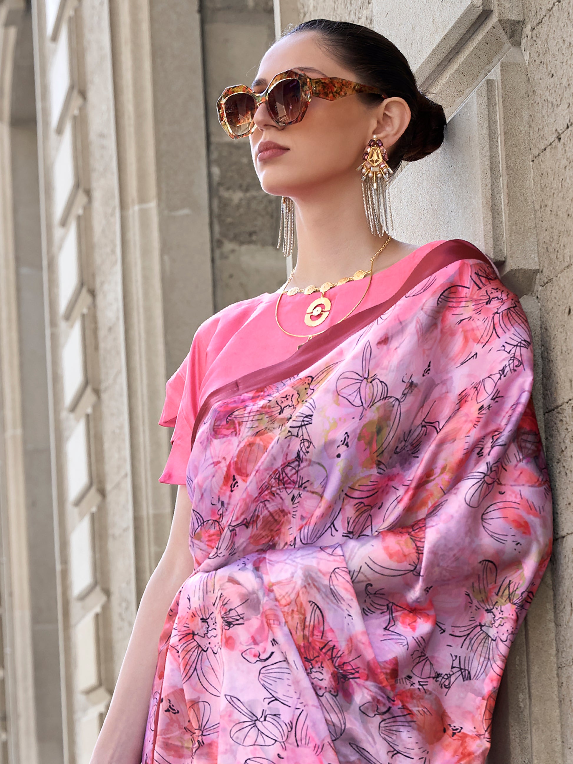 Beautiful Light Purple Digital Printed Satin Saree With Blouse