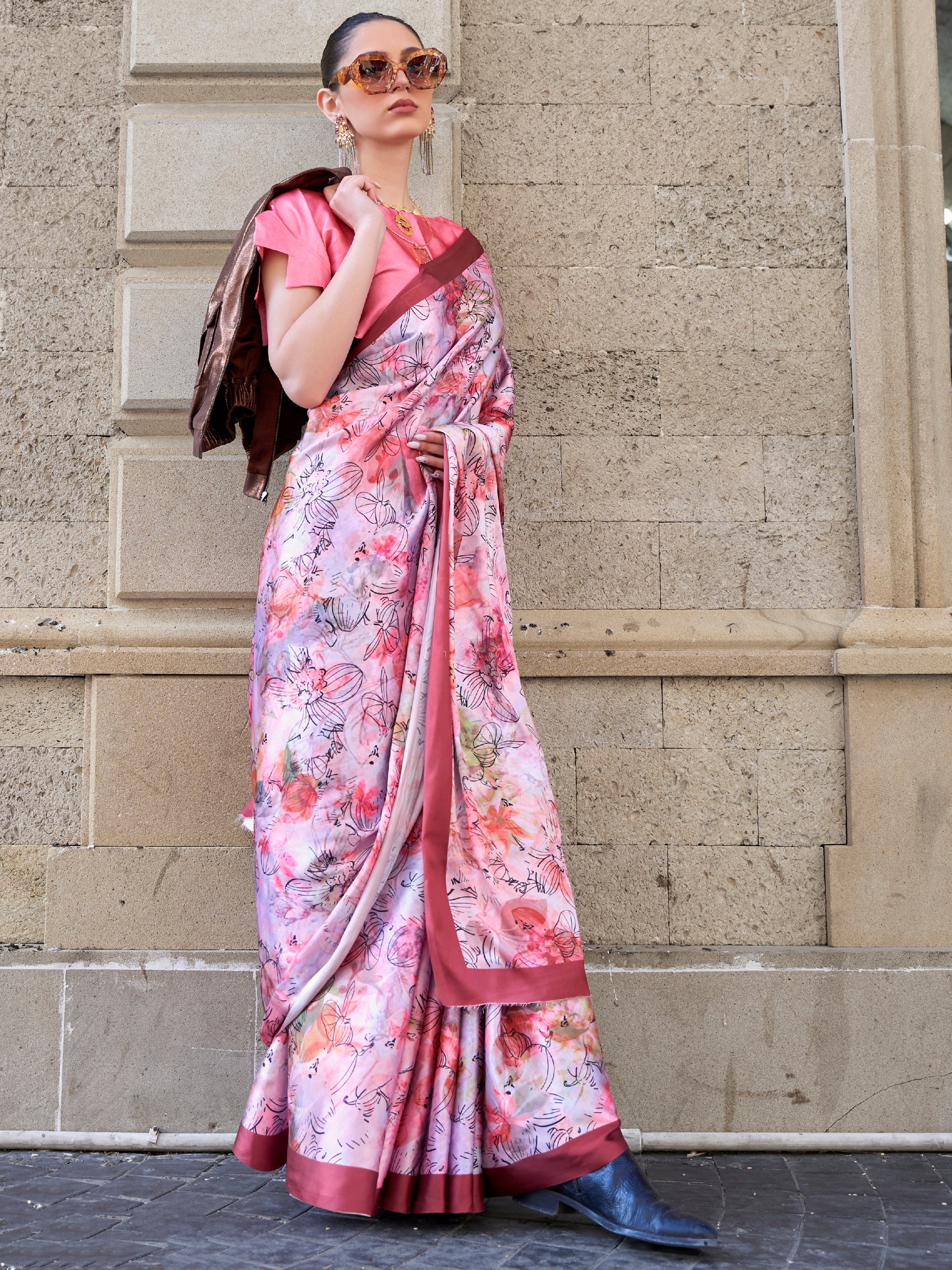 Beautiful Light Purple Digital Printed Satin Saree With Blouse