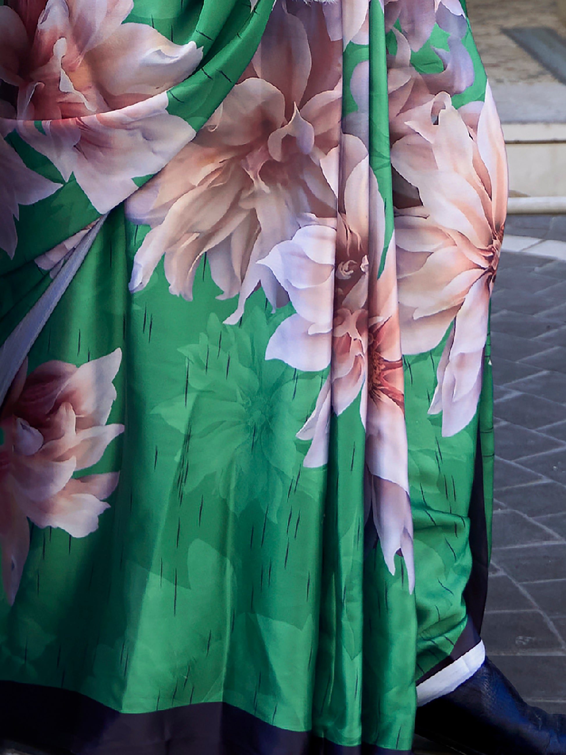 Pretty Green Floral Printed Satin Festive Wear Saree With Blouse