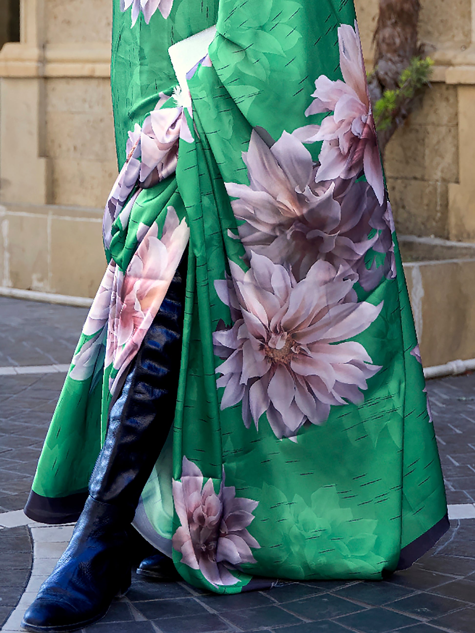 Pretty Green Floral Printed Satin Festive Wear Saree With Blouse