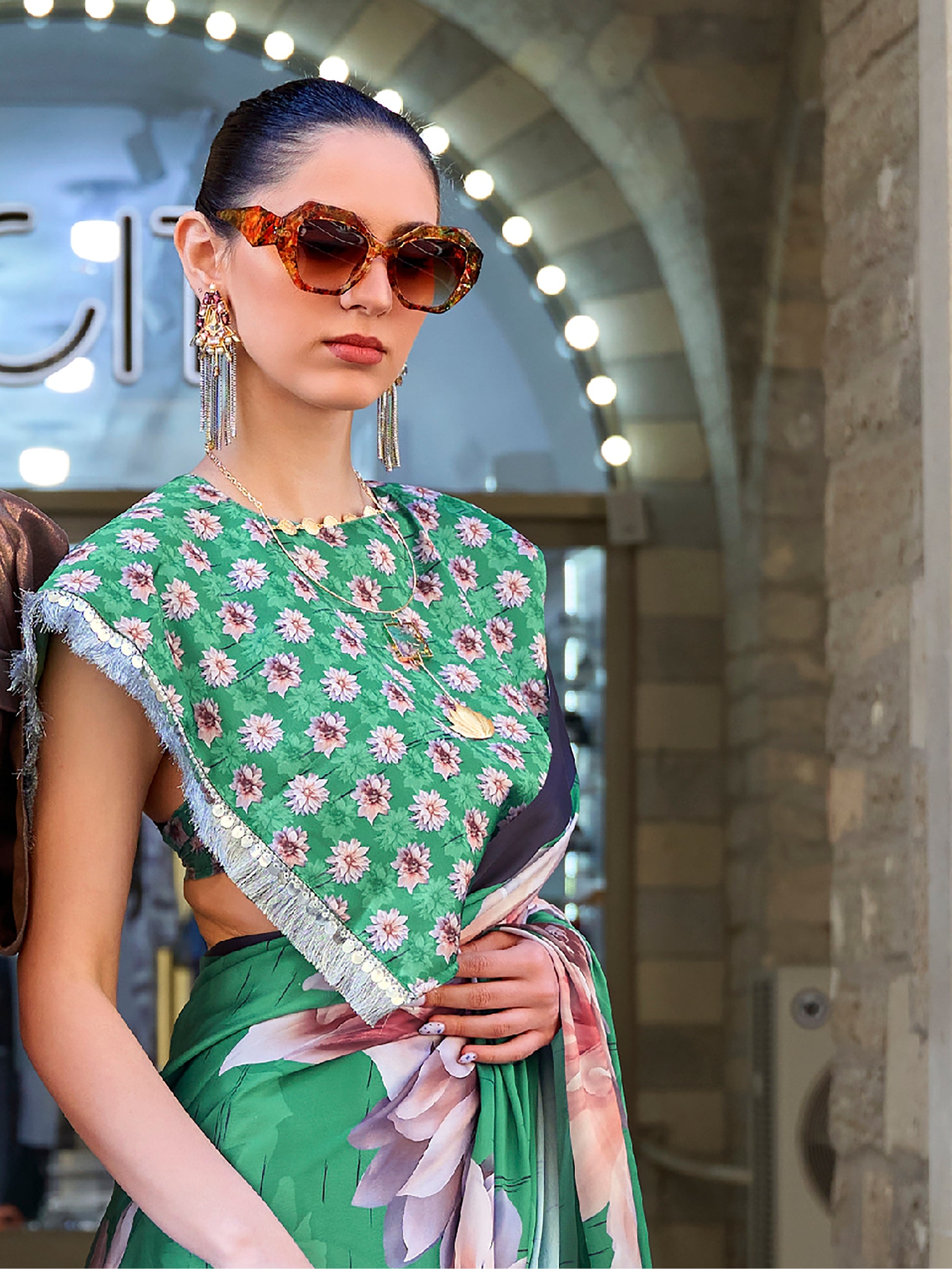 Pretty Green Floral Printed Satin Festive Wear Saree With Blouse