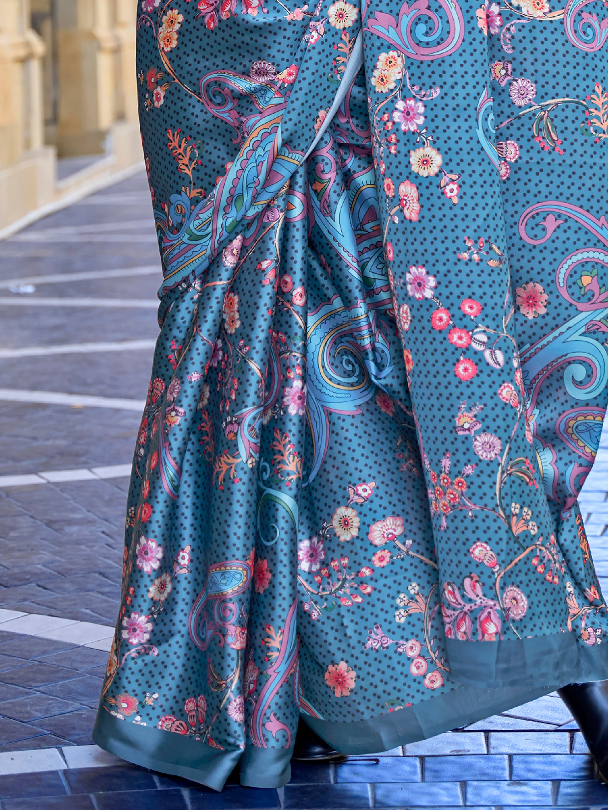 Wonderful Teal Blue Floral Printed Satin Saree With Blouse