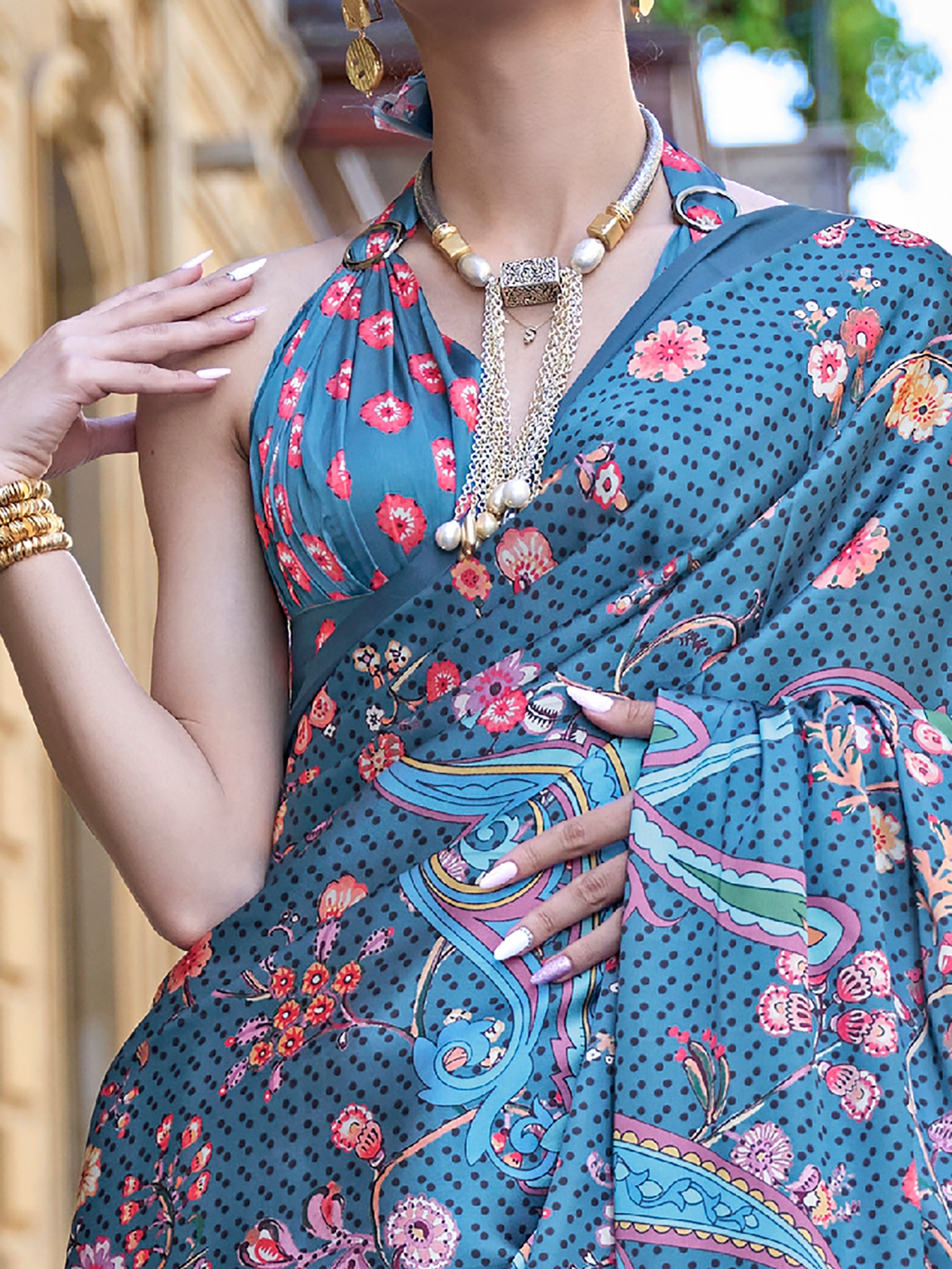Wonderful Teal Blue Floral Printed Satin Saree With Blouse