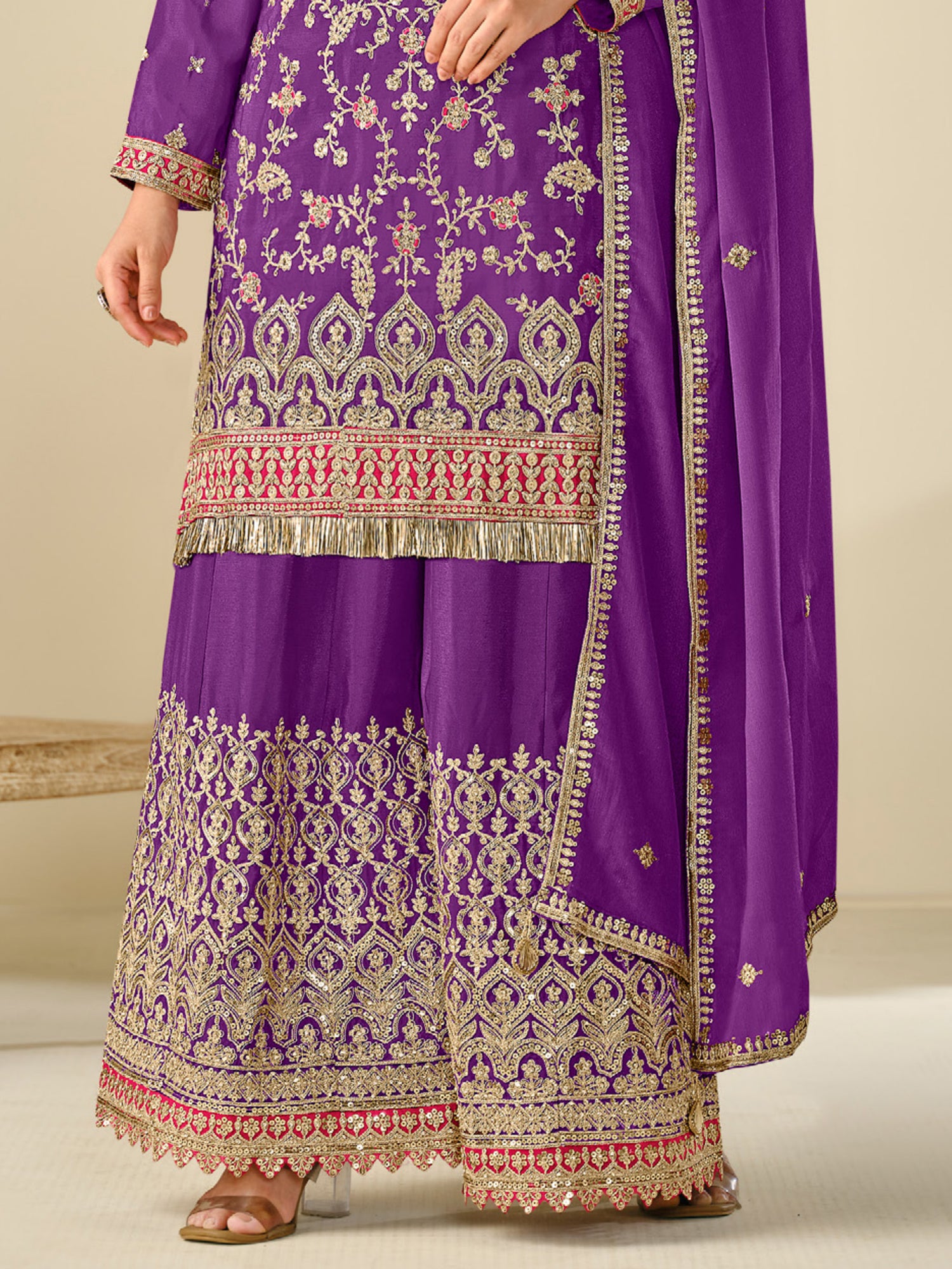 Precious Purple Sequins Work Chinon Sharara Suit With Dupatta