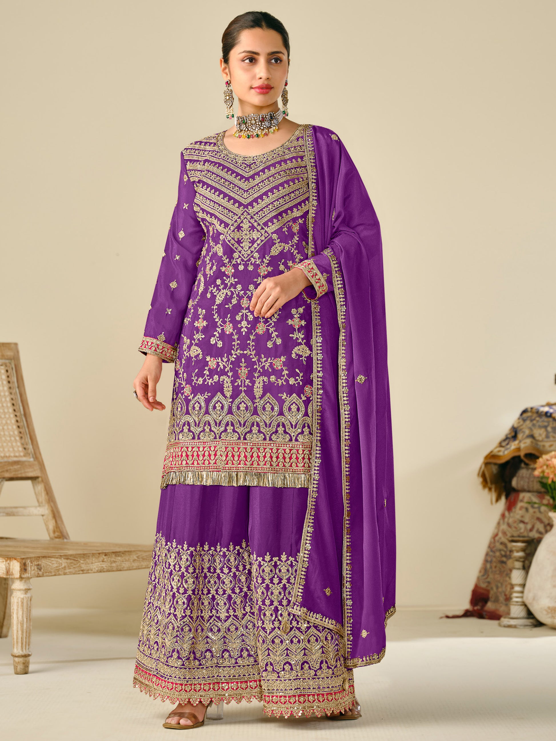 Precious Purple Sequins Work Chinon Sharara Suit With Dupatta
