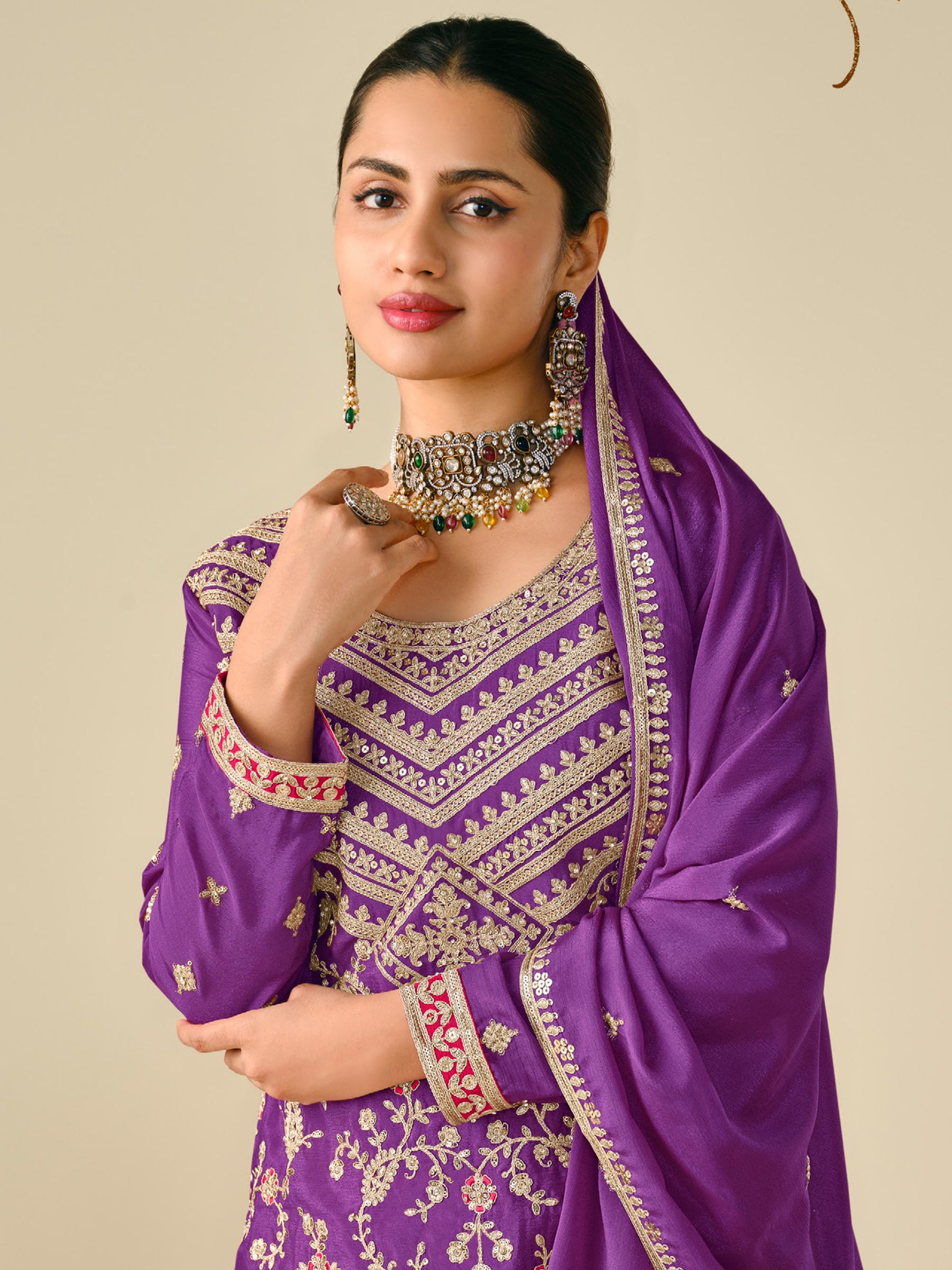 Precious Purple Sequins Work Chinon Sharara Suit With Dupatta