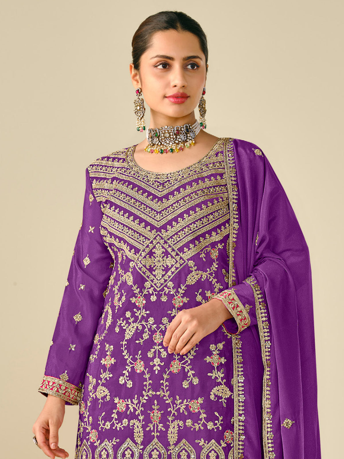 Precious Purple Sequins Work Chinon Sharara Suit With Dupatta