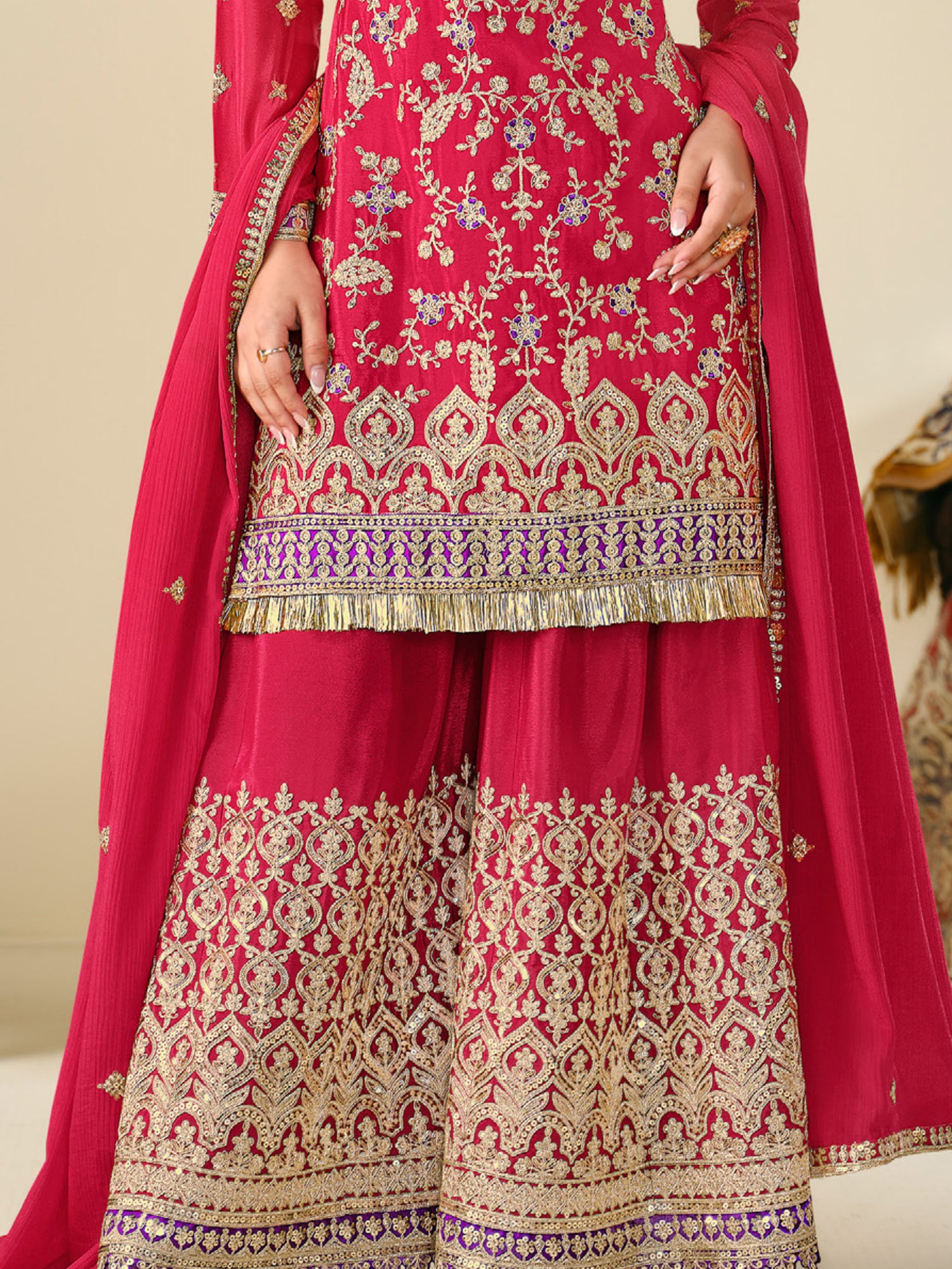 Glamorous Red Sequins Work Chinon Wedding Wear Sharara Suit