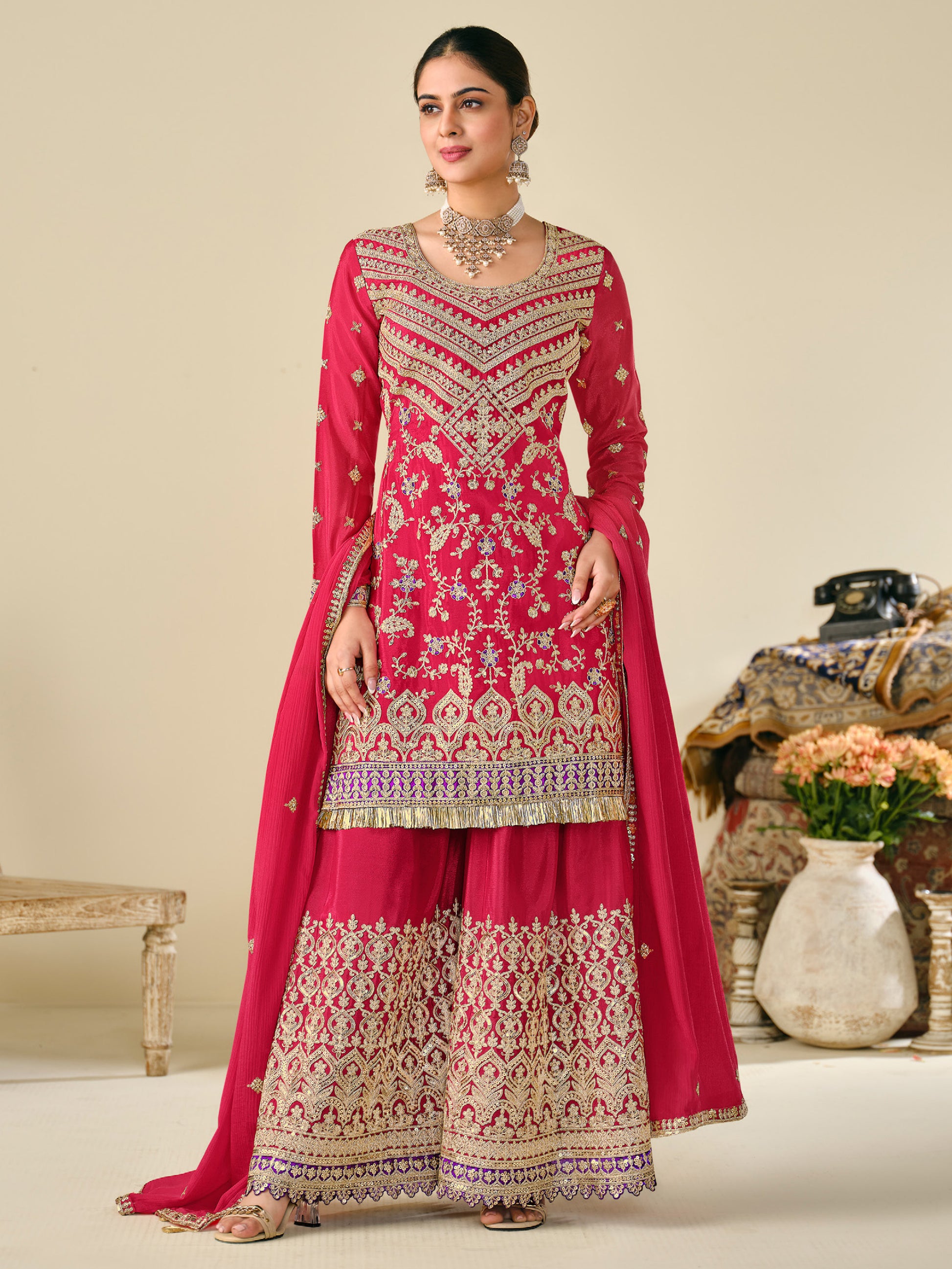 Glamorous Red Sequins Work Chinon Wedding Wear Sharara Suit