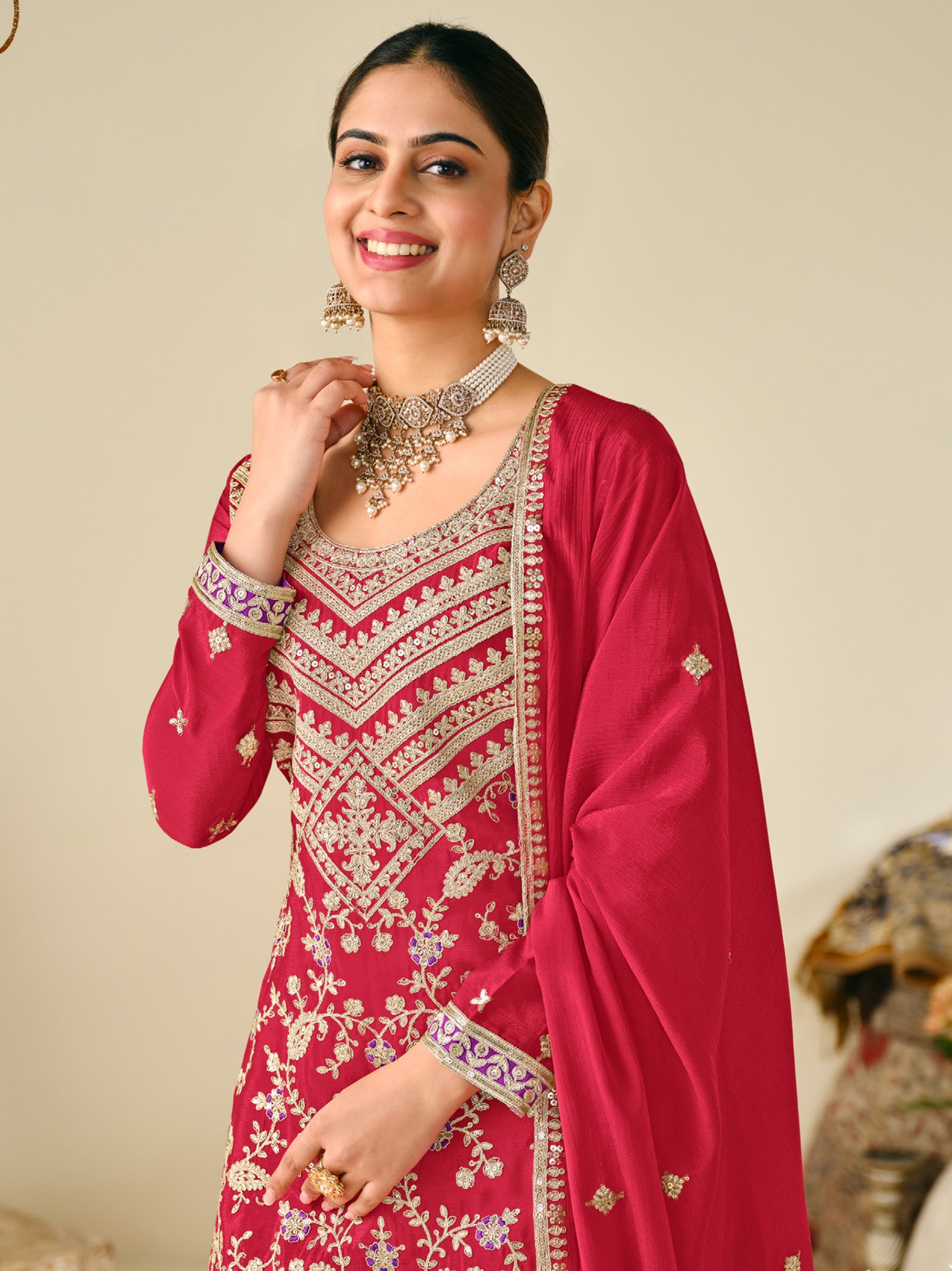 Glamorous Red Sequins Work Chinon Wedding Wear Sharara Suit