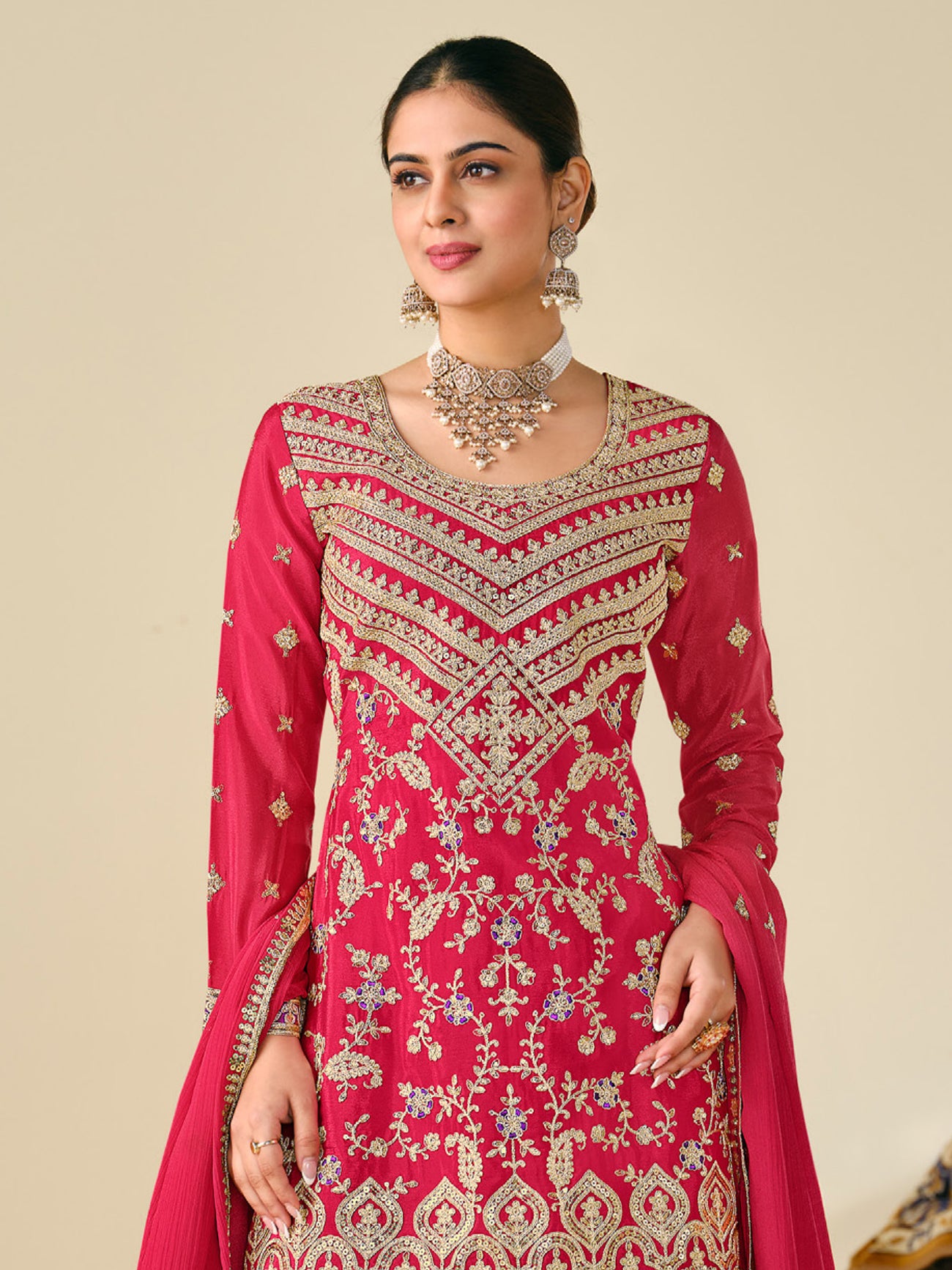 Glamorous Red Sequins Work Chinon Wedding Wear Sharara Suit