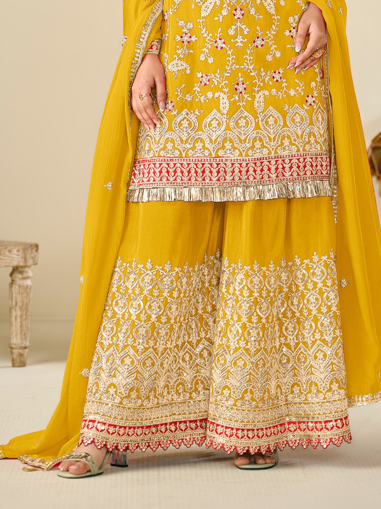 Attractive Yellow Sequins Work Chinon Sharara Suit With Dupatta