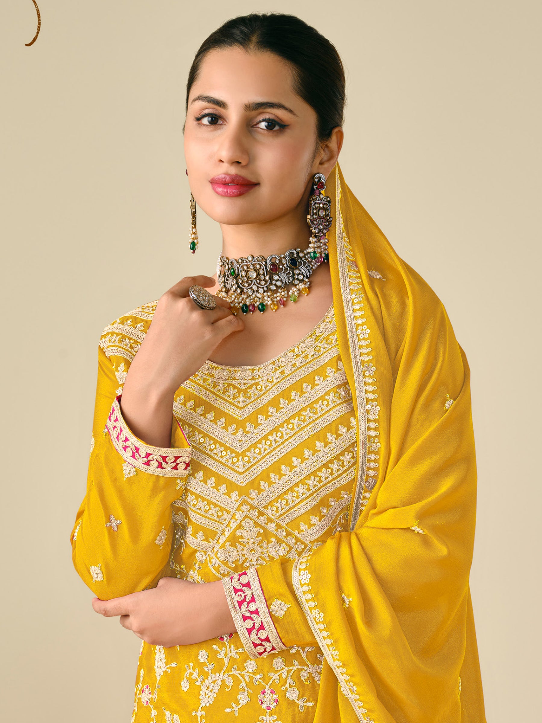 Attractive Yellow Sequins Work Chinon Sharara Suit With Dupatta