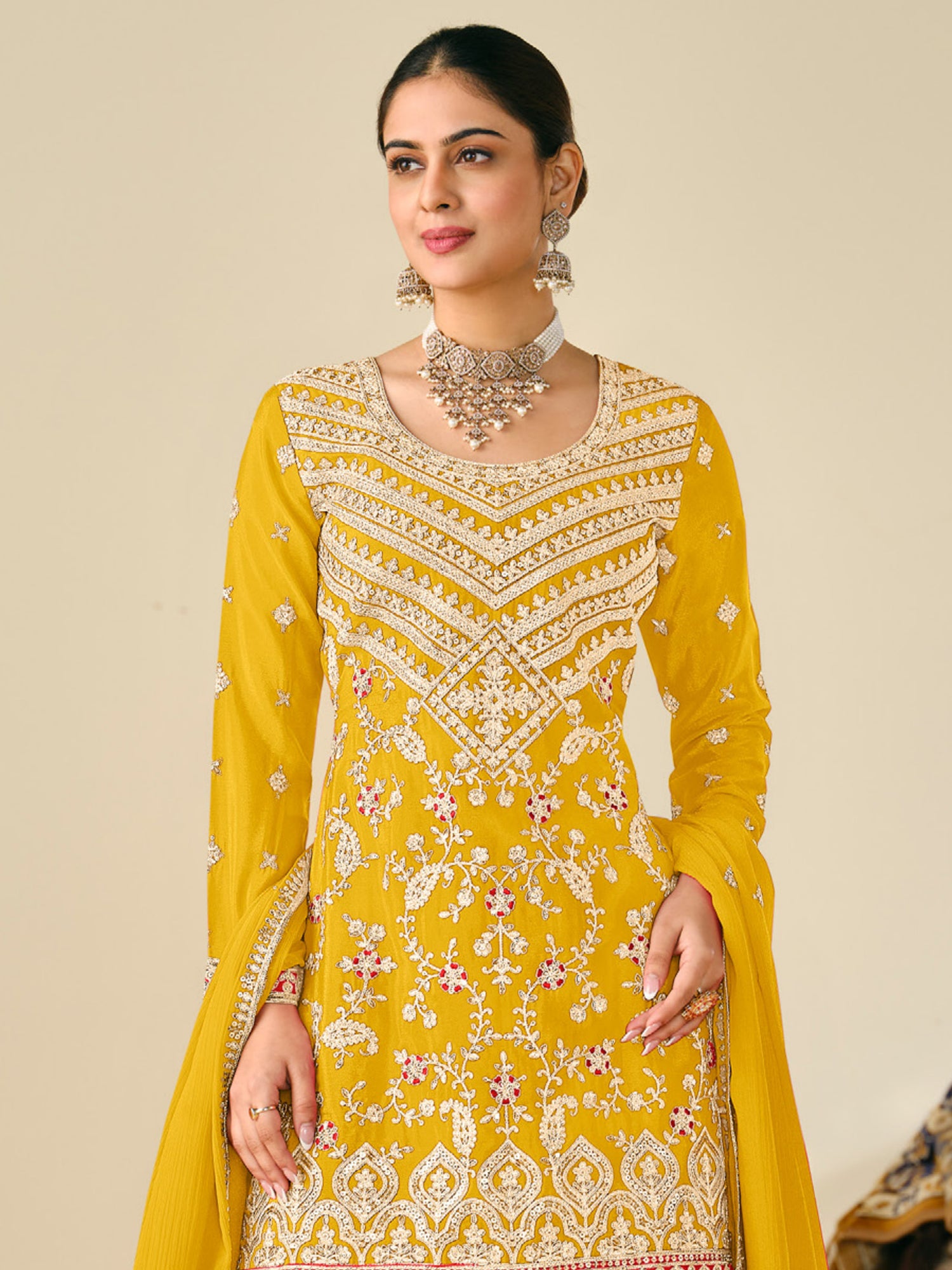 Attractive Yellow Sequins Work Chinon Sharara Suit With Dupatta