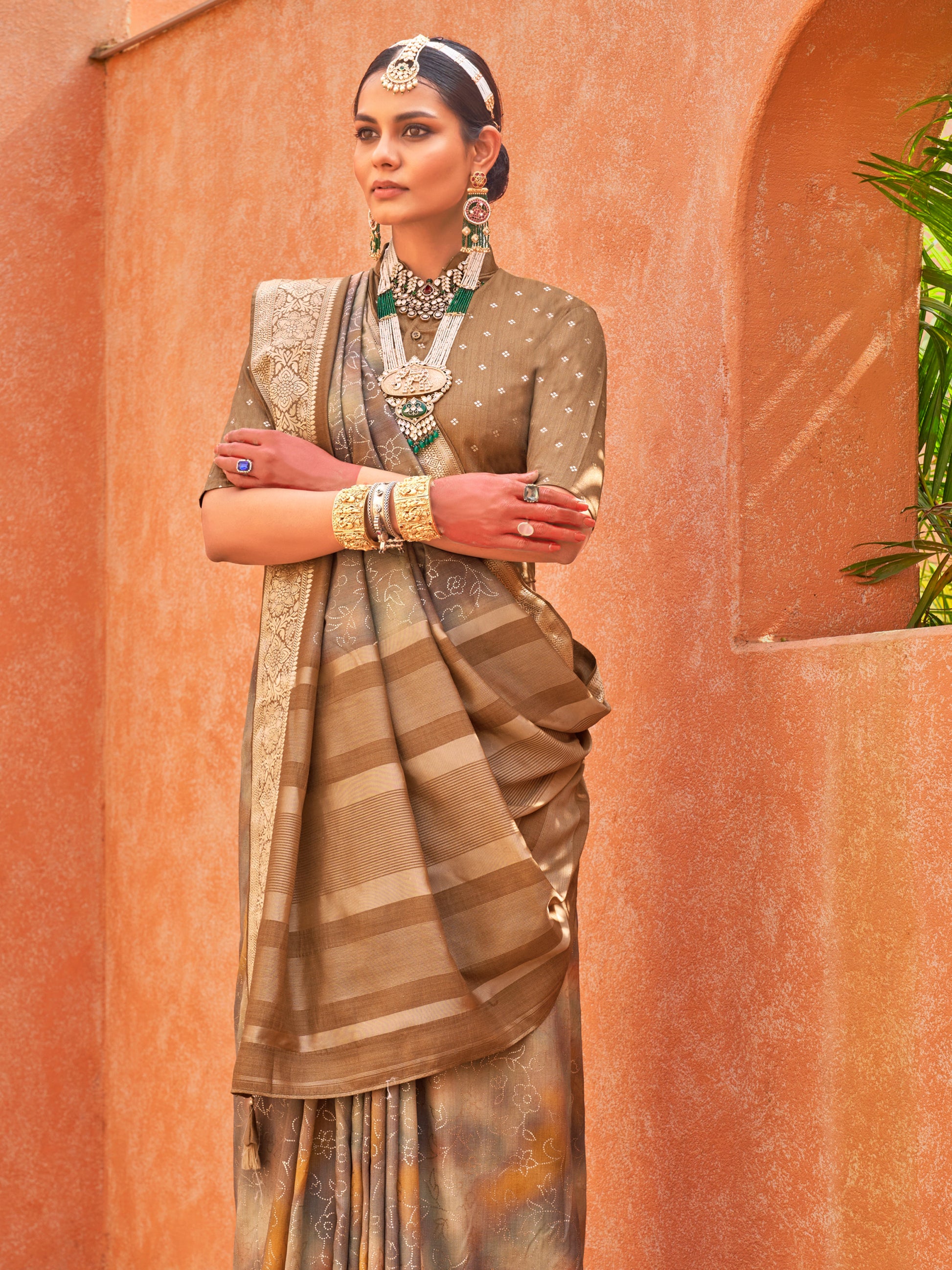 Amazing Brown Foil Printed Silk Event Wear Saree With Blouse