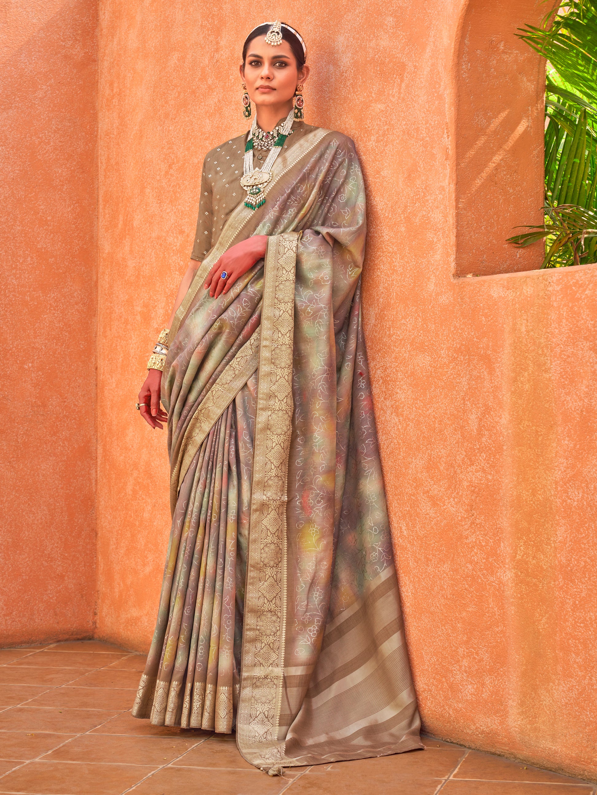 Amazing Brown Foil Printed Silk Event Wear Saree With Blouse