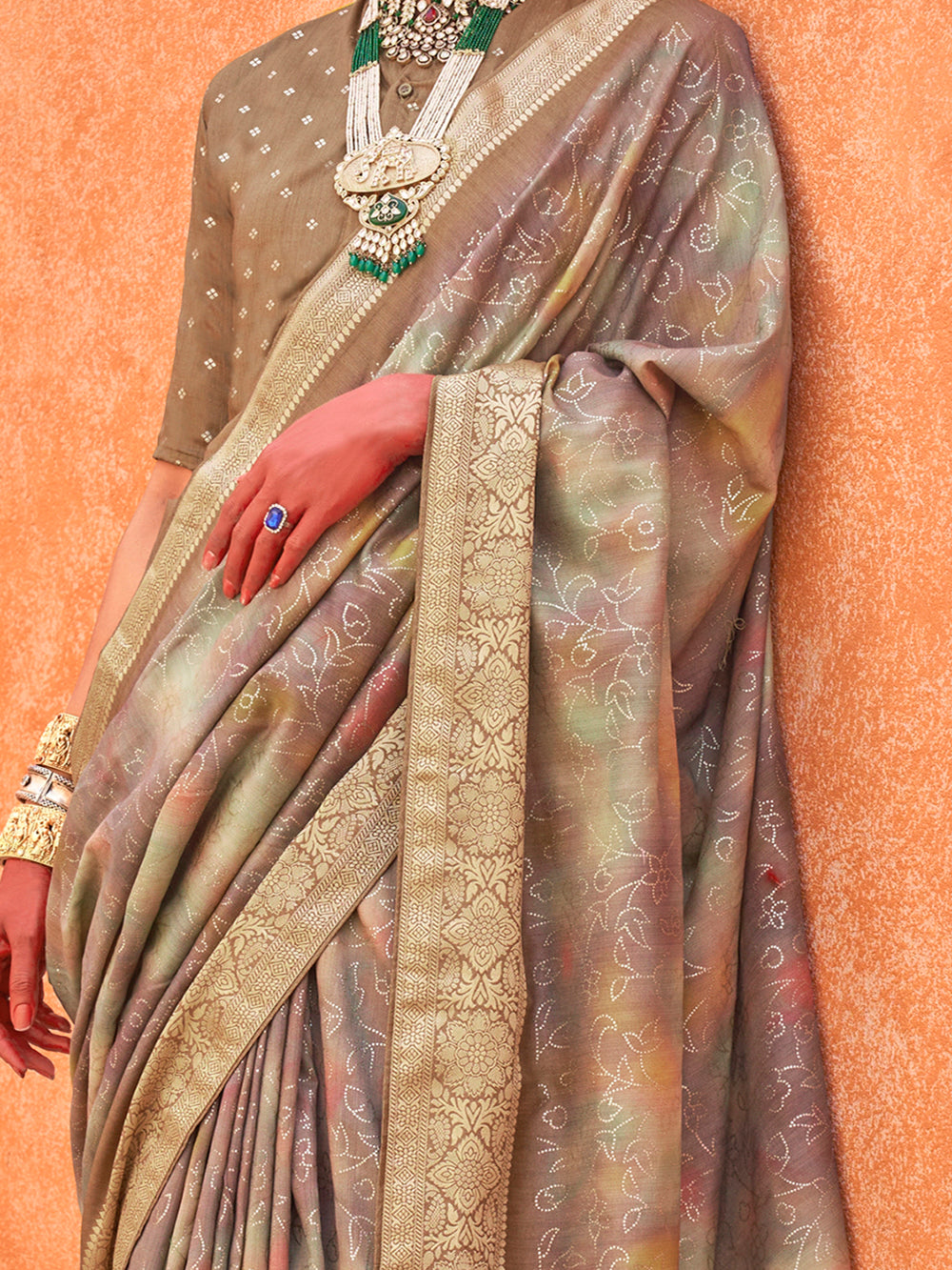 Amazing Brown Foil Printed Silk Event Wear Saree With Blouse