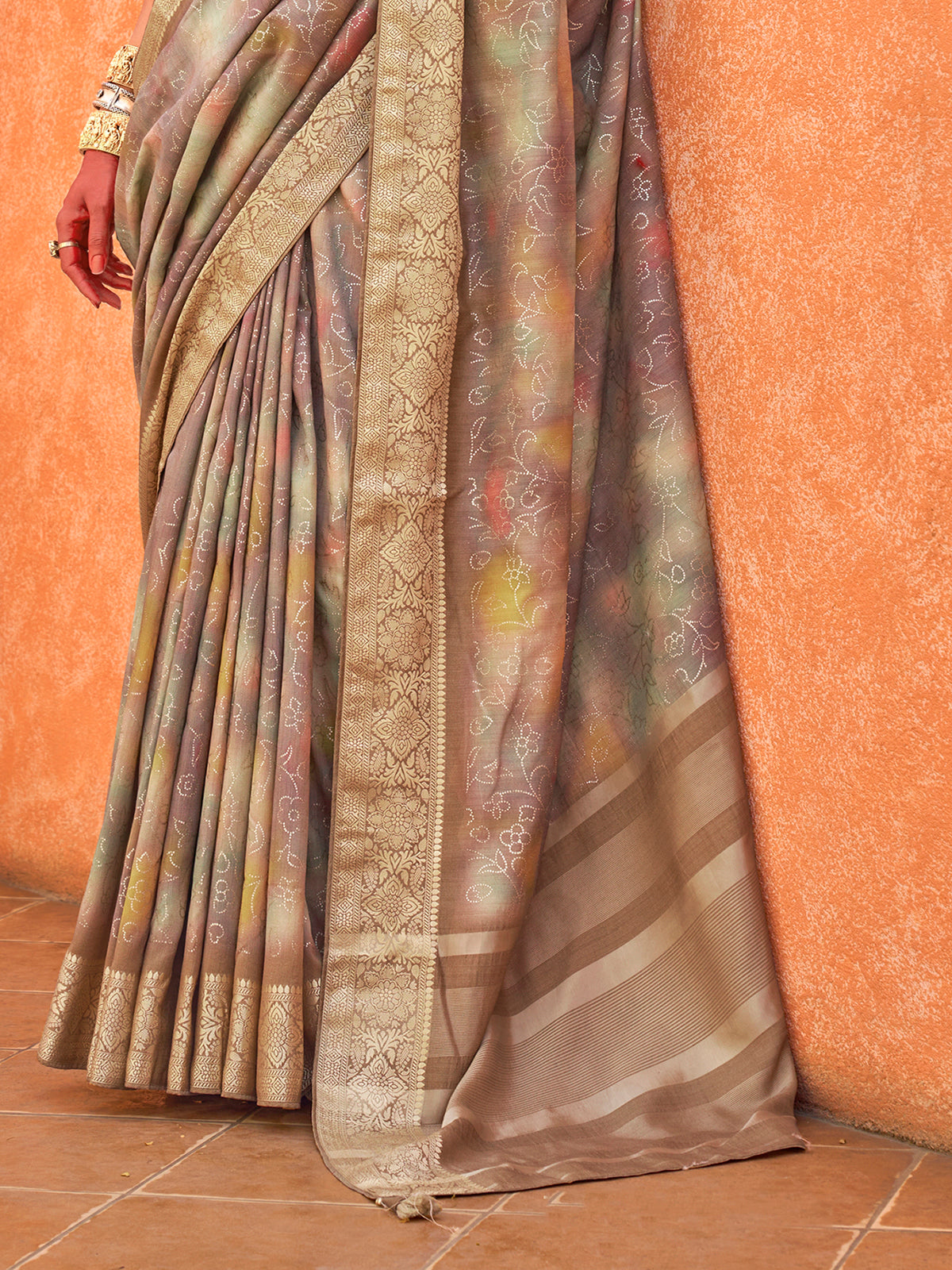 Amazing Brown Foil Printed Silk Event Wear Saree With Blouse