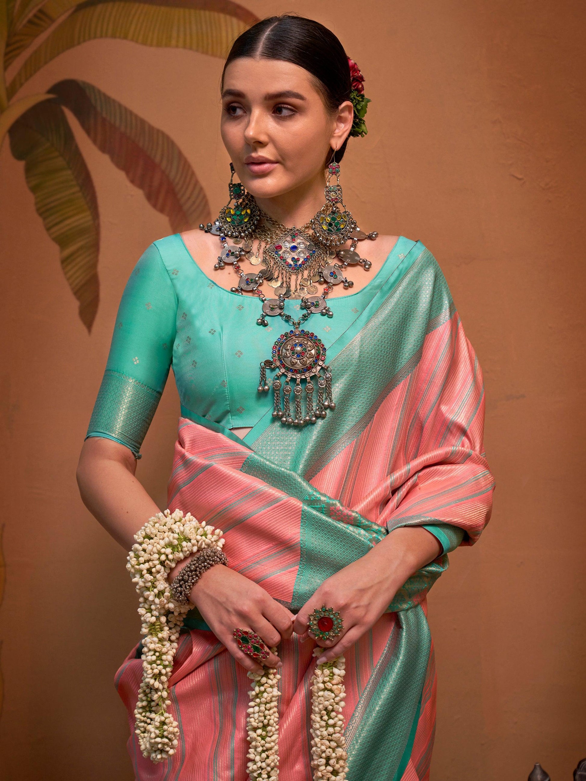Captivating Pink Weaving Silk Festival Wear Saree With Blouse