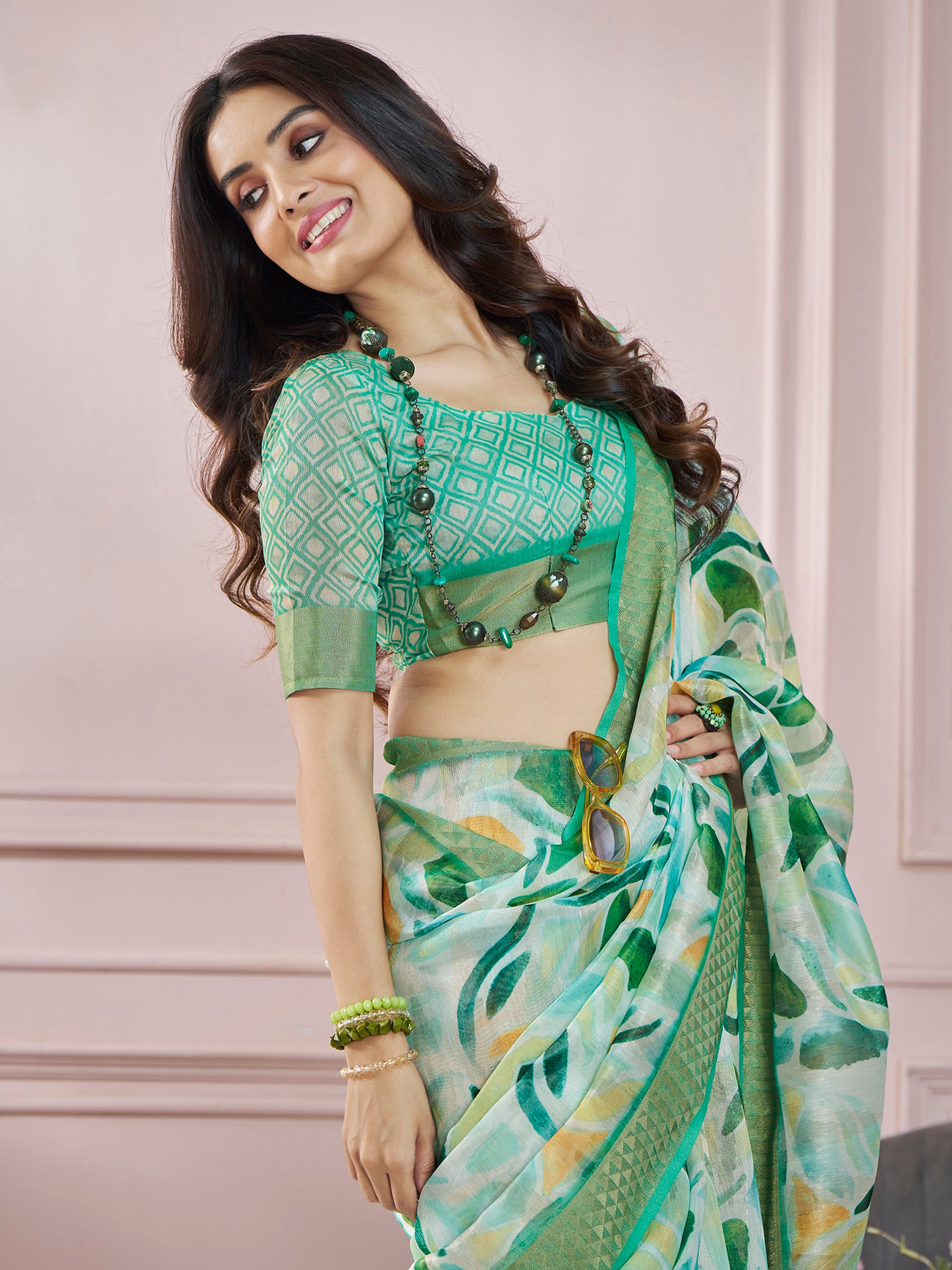 Attractive Green Digital Printed Silk Casual Wear Saree With Blouse