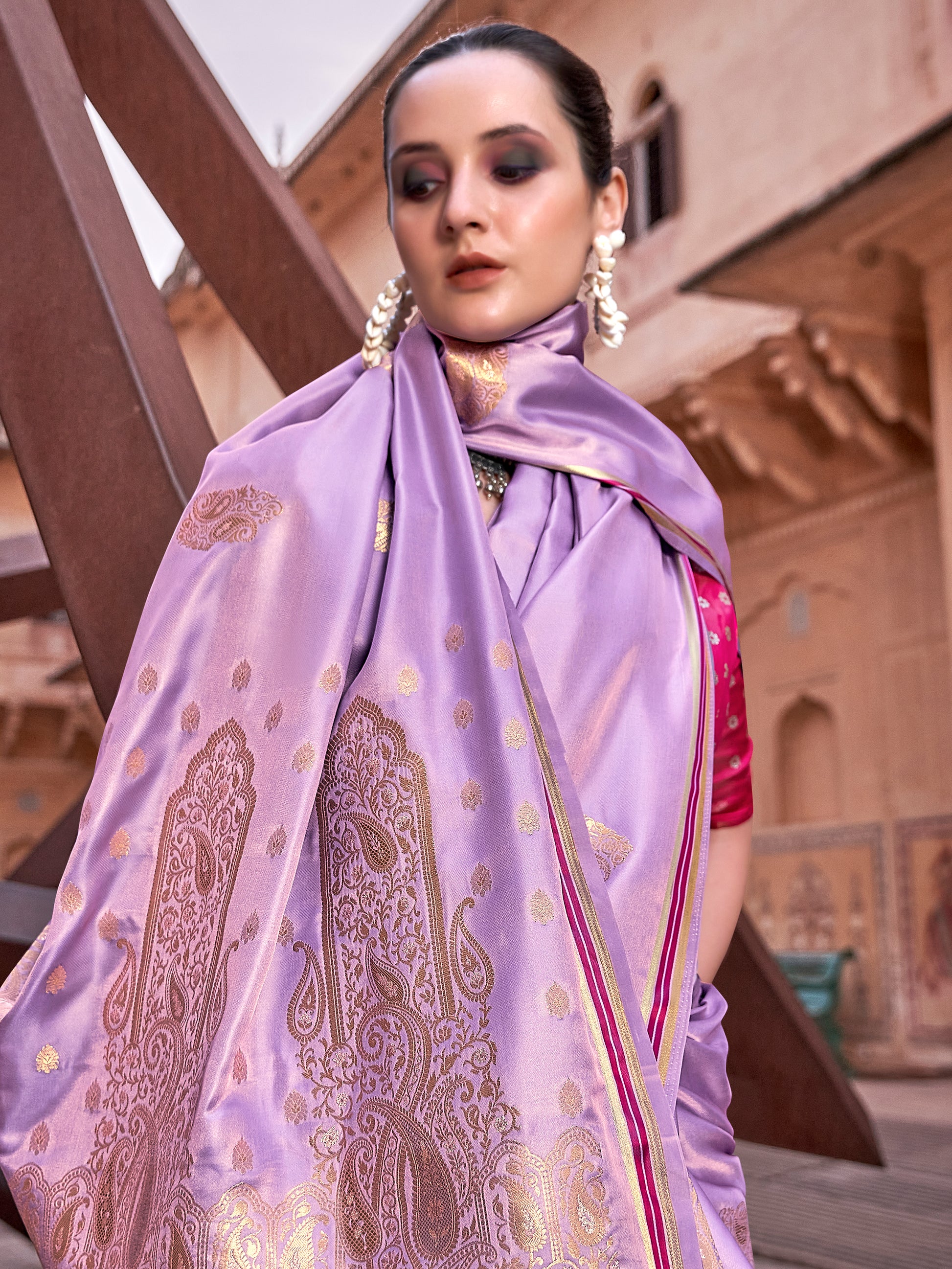 Awesome Purple Zari Weaving Satin Reception Wear Saree With Blouse