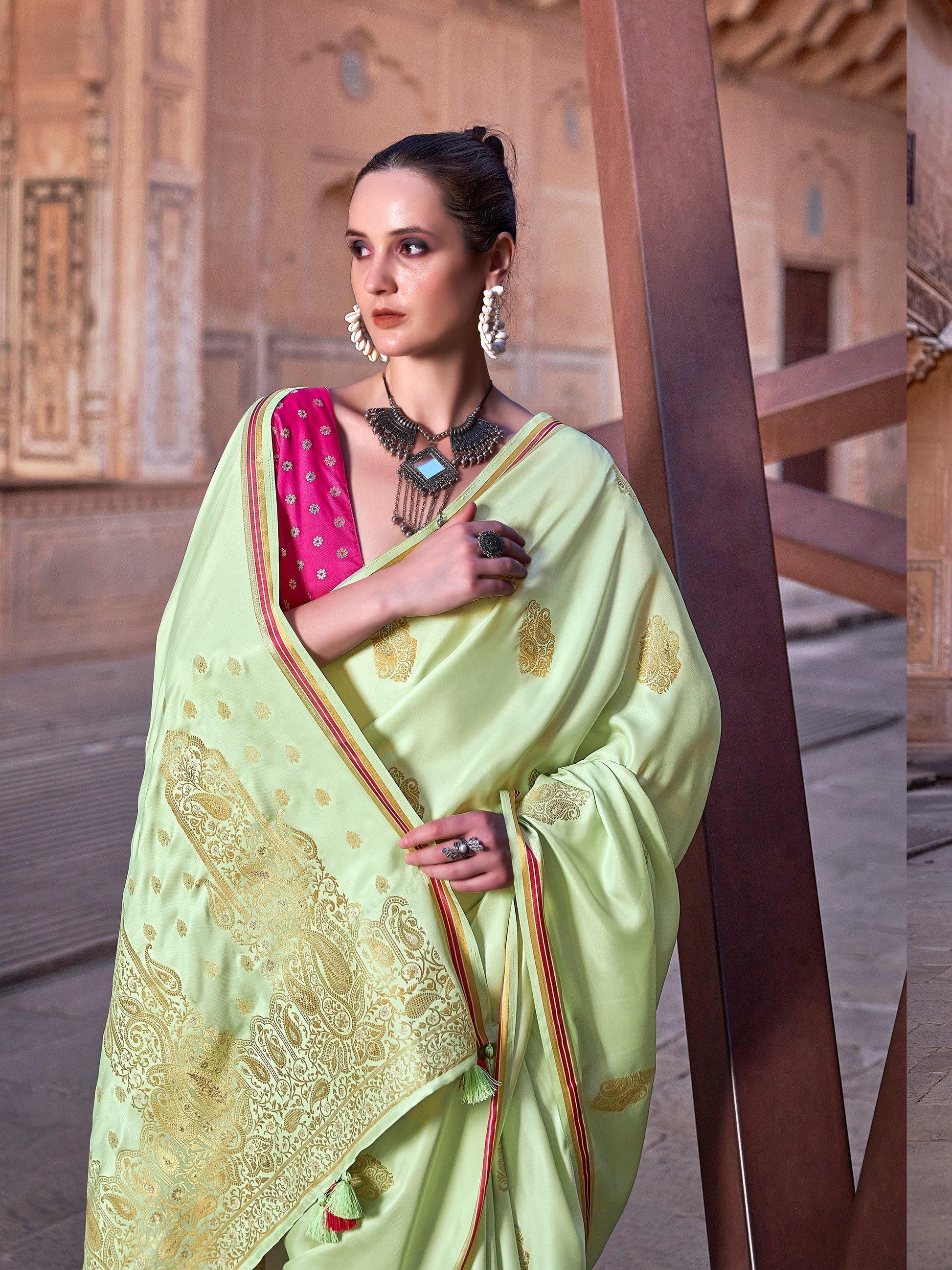 Fantastic Sea Green Zari Weaving Satin Sangeet Wear Saree With Blouse