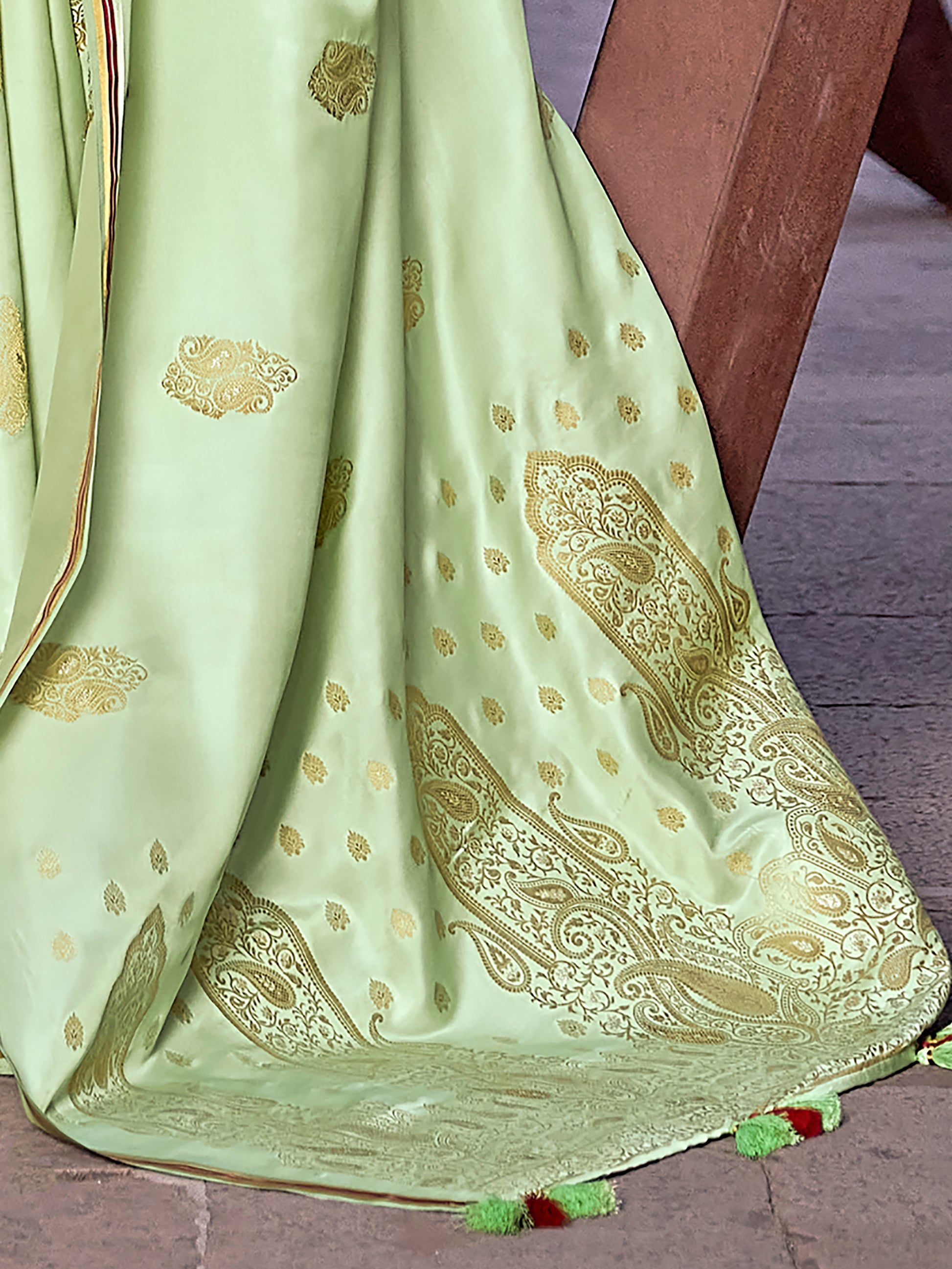 Fantastic Sea Green Zari Weaving Satin Sangeet Wear Saree With Blouse