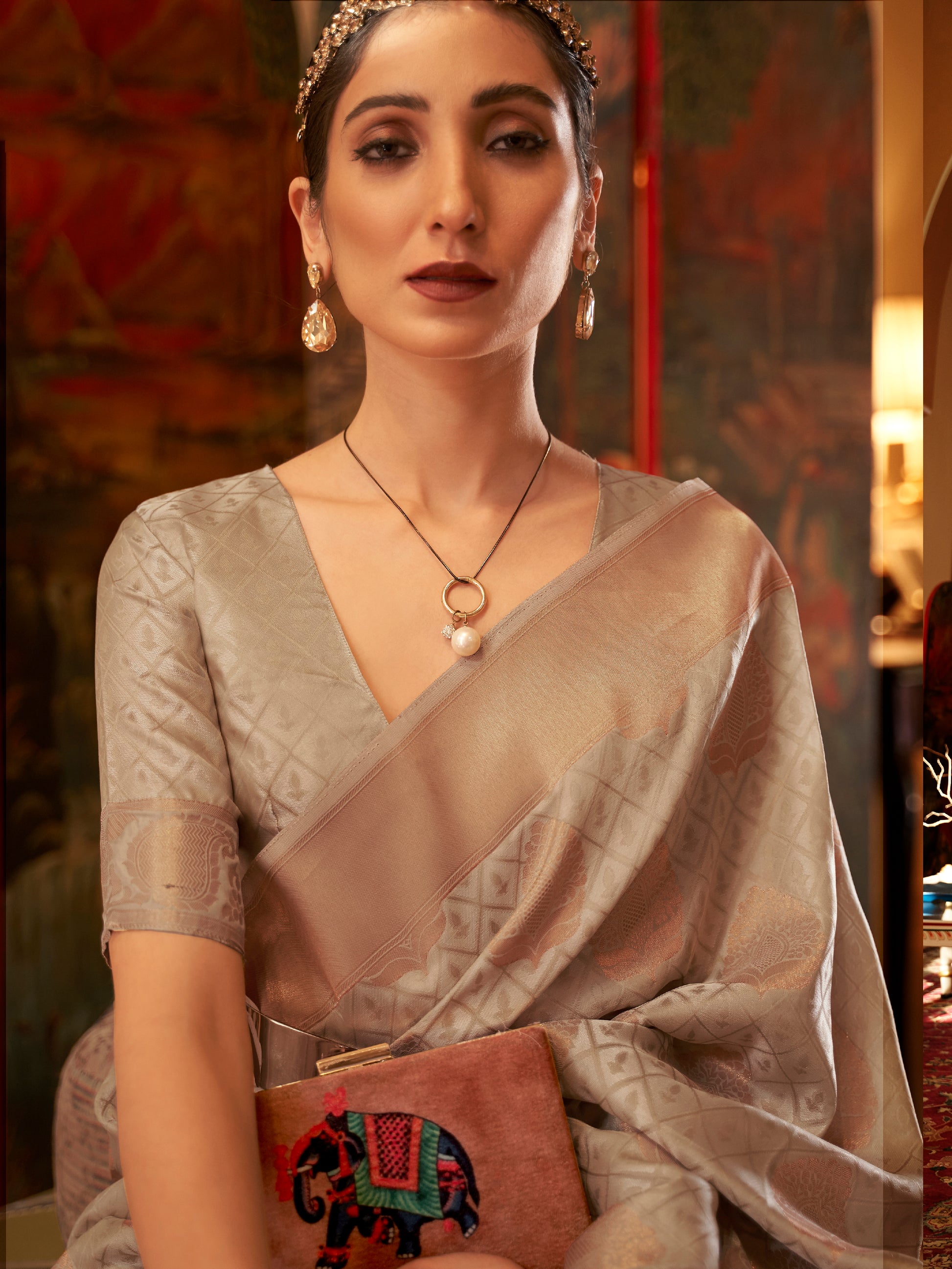 Outstanding Grey Zari Woven Silk Events Wear Saree With Blouse