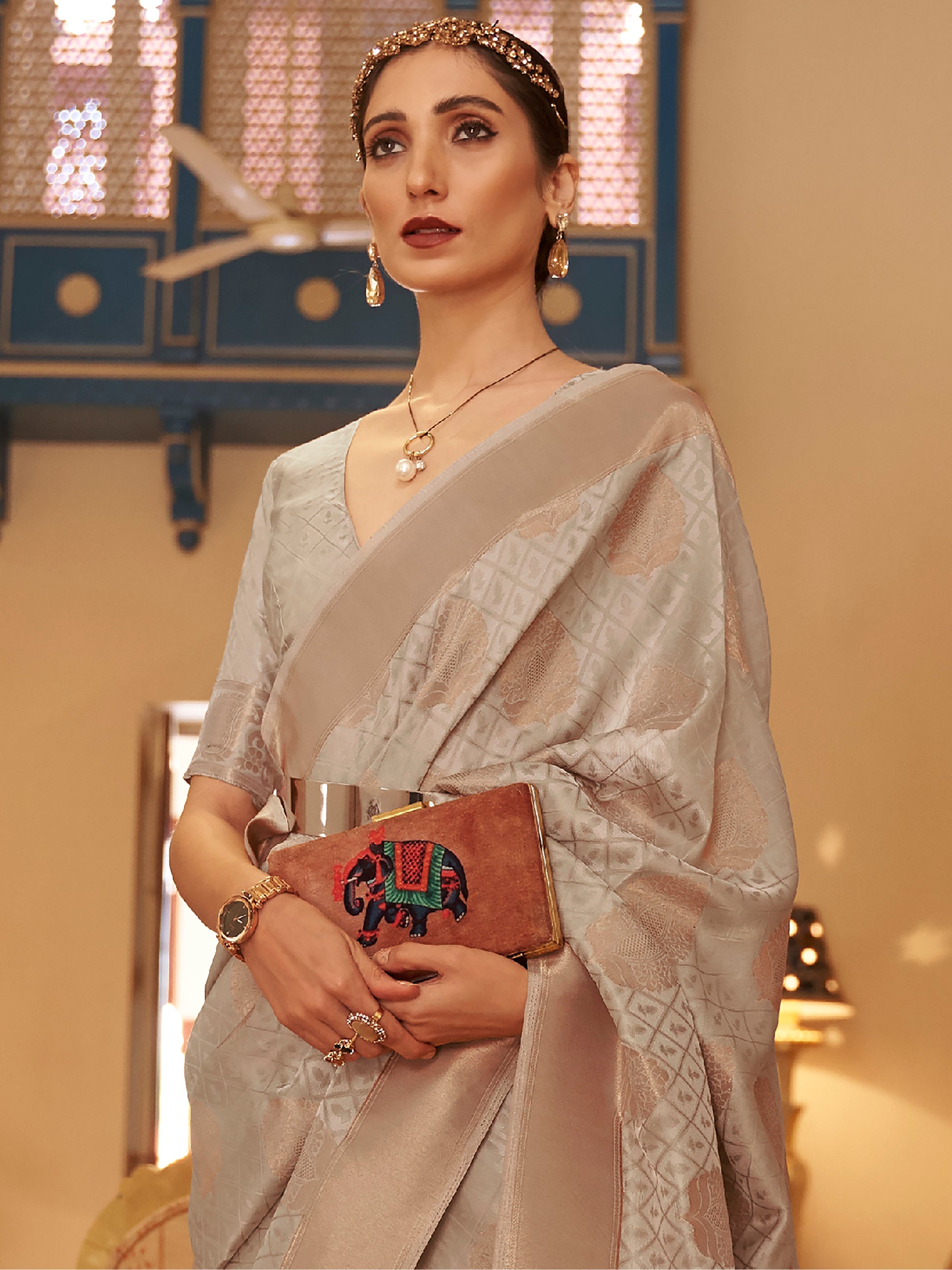 Outstanding Grey Zari Woven Silk Events Wear Saree With Blouse