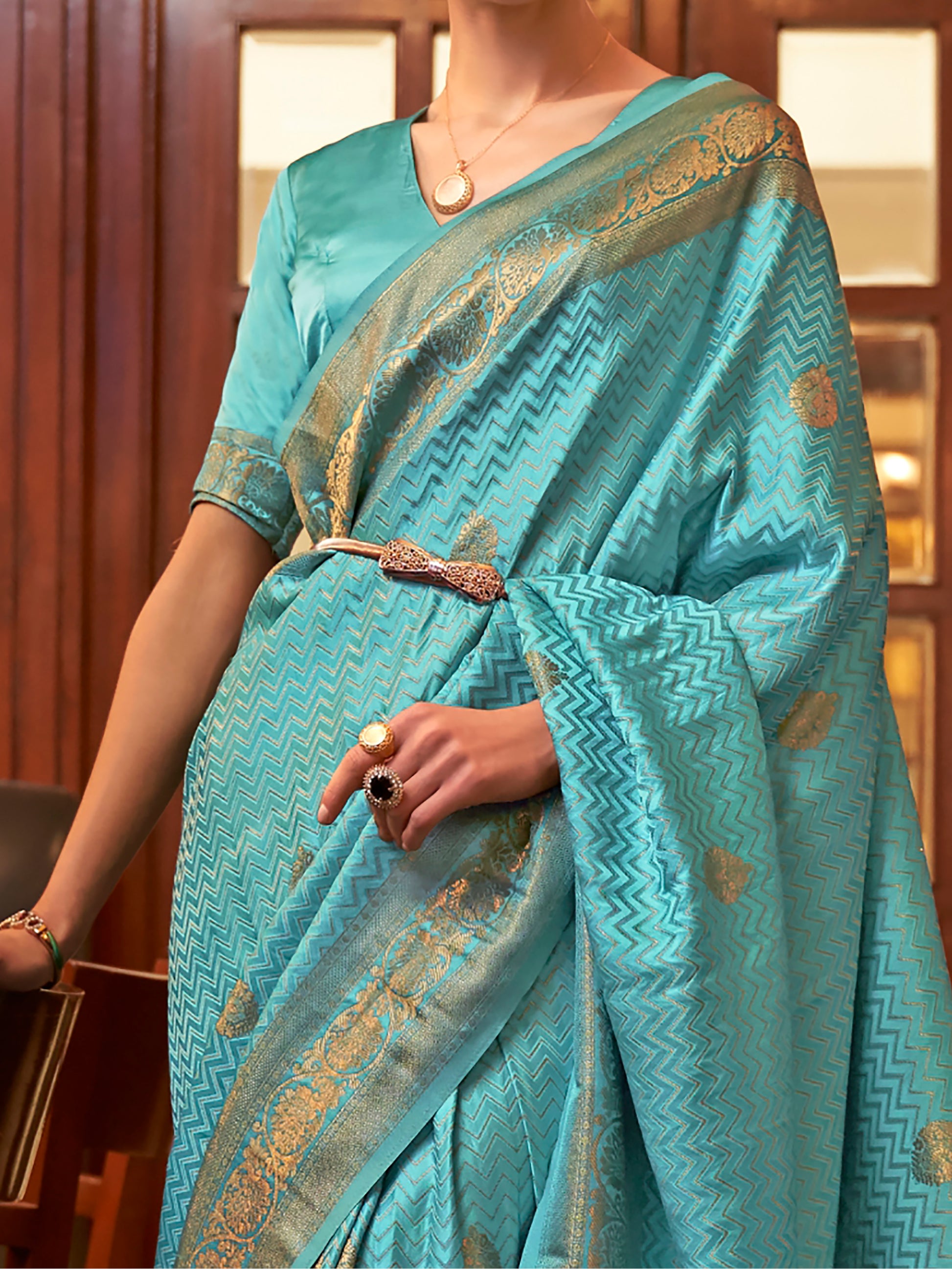 Lovely Turquoise Zari Weaving Satin Reception Wear Saree With Blouse